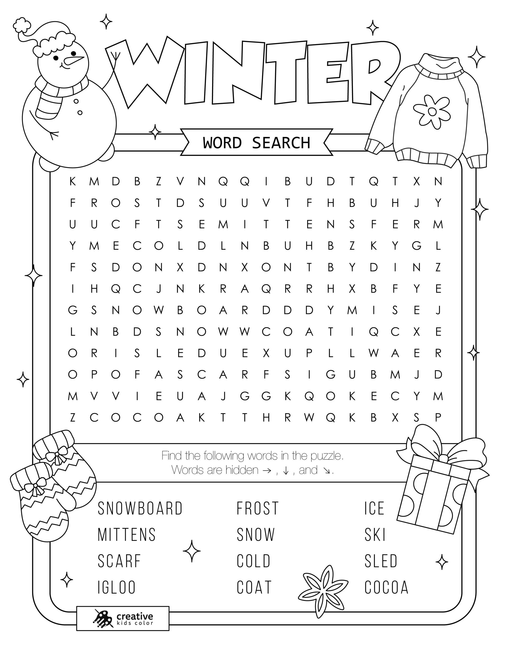Free printable Winter word search puzzle with 12 words from snow to sled.