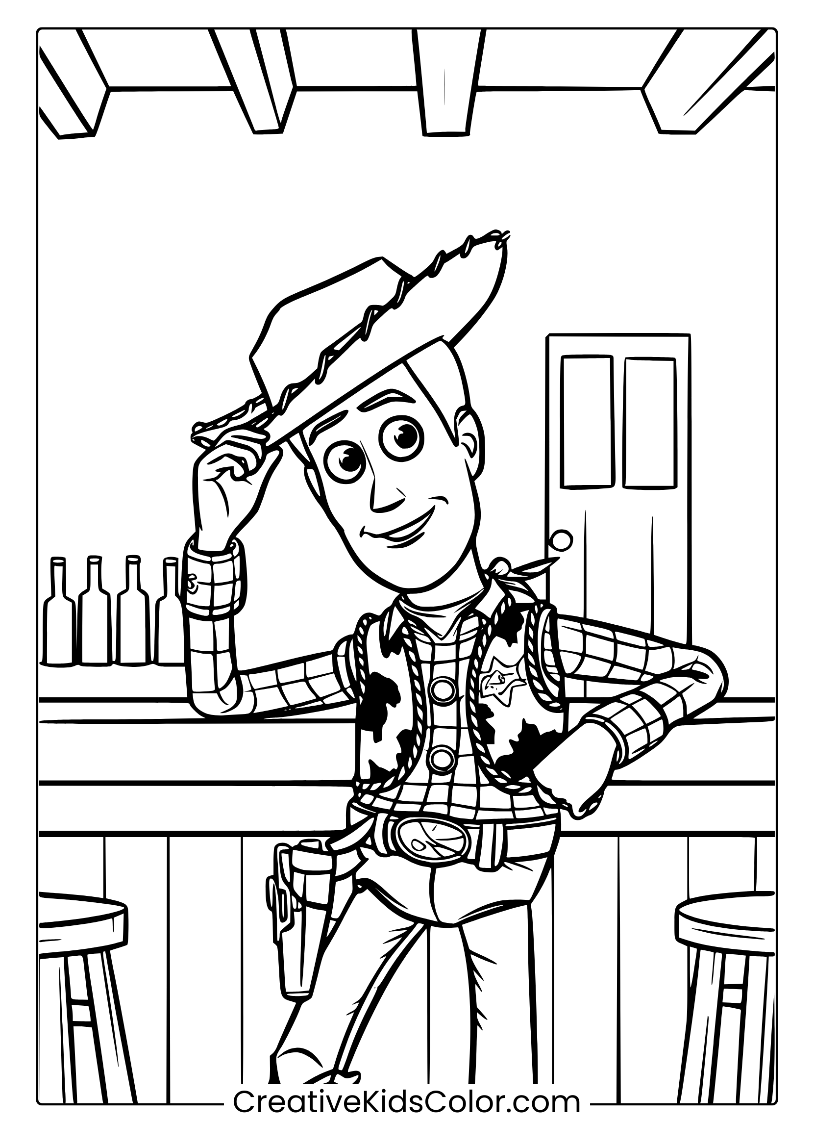 A Toy Story Woody Coloring Page Showing Him In A Saloon, Tipping His Hat With Bottles And A Bar In The Background.