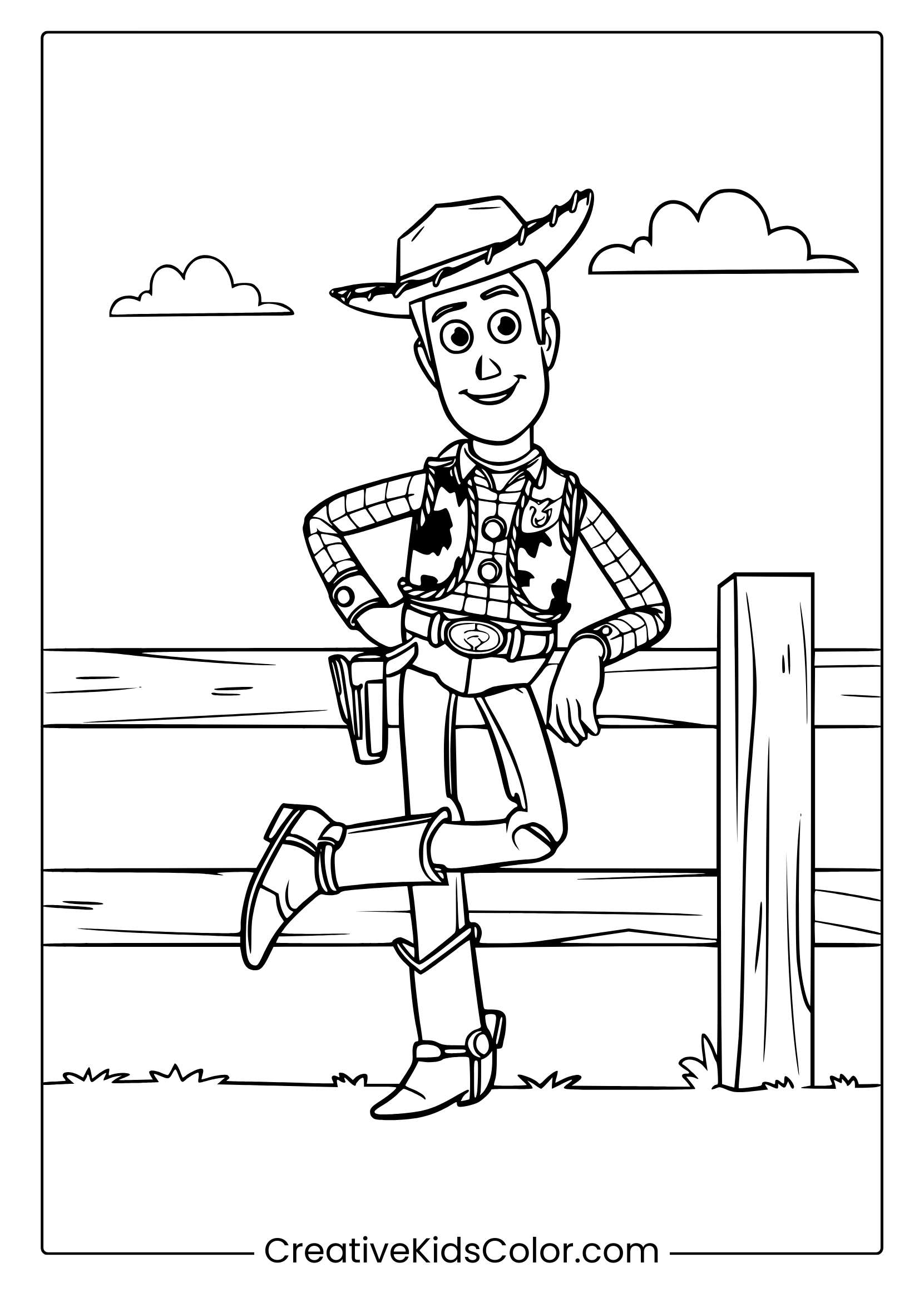 A Toy Story Woody Coloring Page With Him Leaning On A Fence, Wearing Cowboy Attire Under A Clear, Sunny Sky.