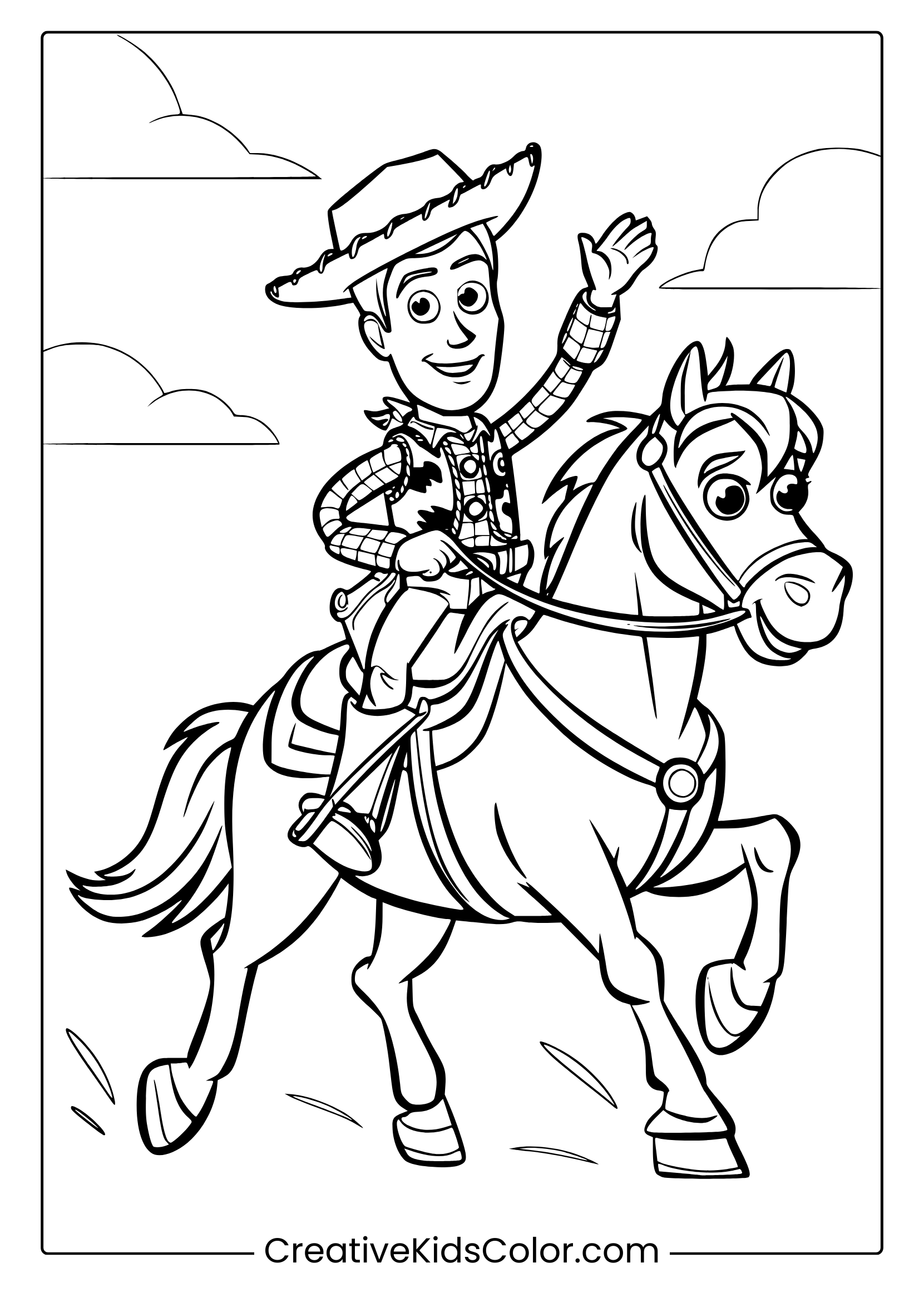 A Toy Story Woody Coloring Page Showing Him Riding A Galloping Horse Under A Sky With Clouds.