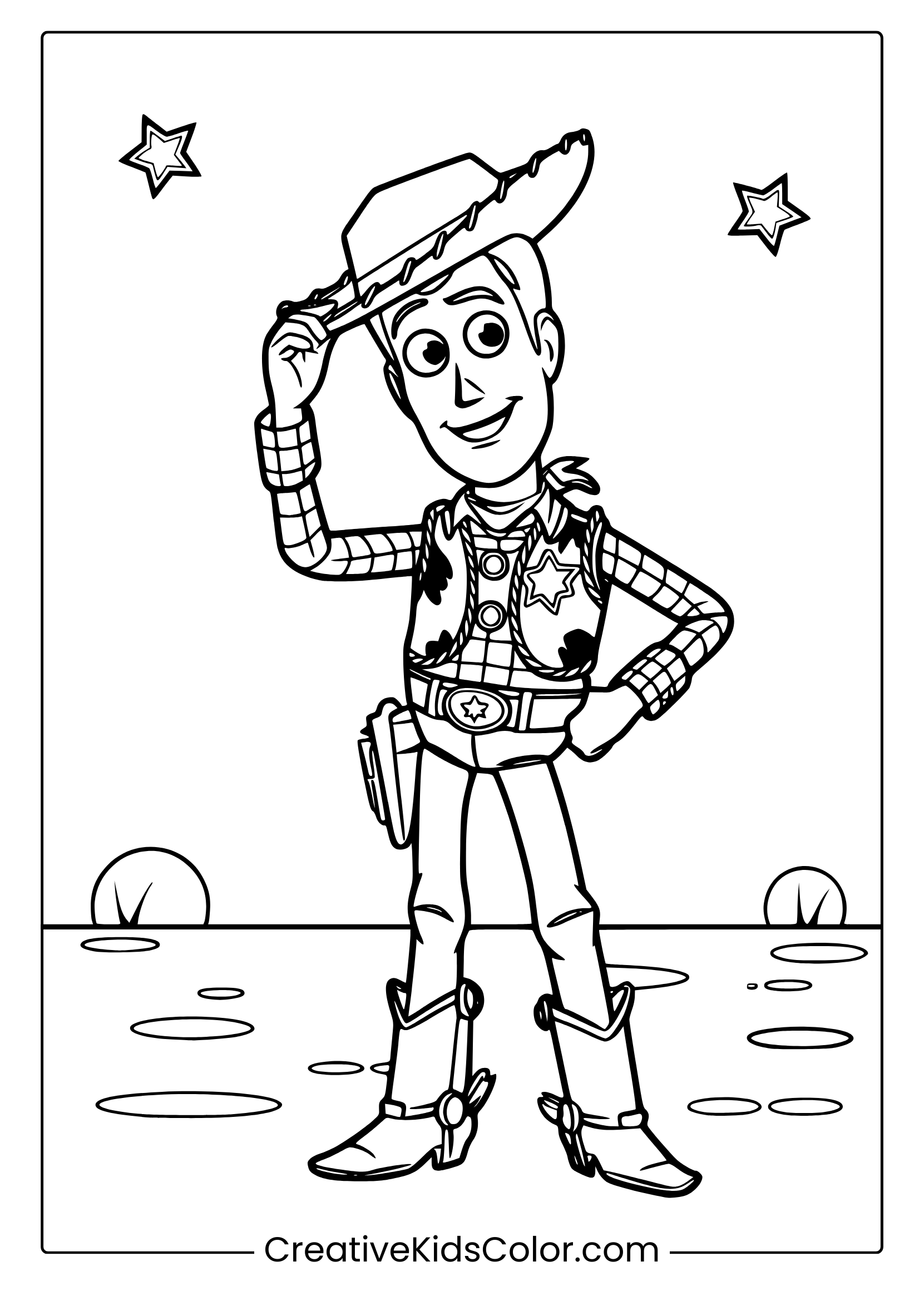 A Toy Story Woody Coloring Page Featuring The Cowboy Tipping His Hat In A Desert With A Clear Sky And Small Rocks Around.