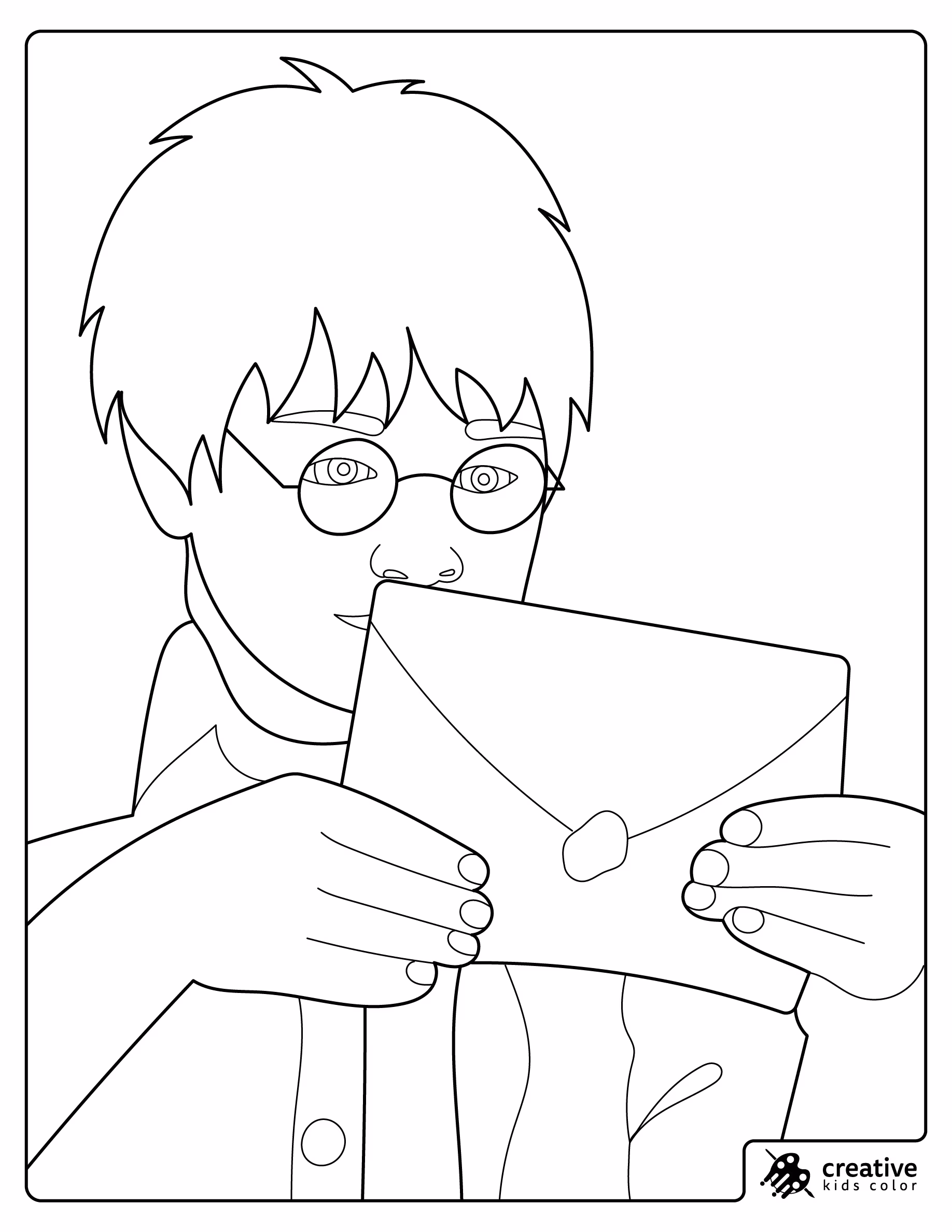 Young Harry Potter Reading His Hogwarts Acceptance Letter Coloring Page