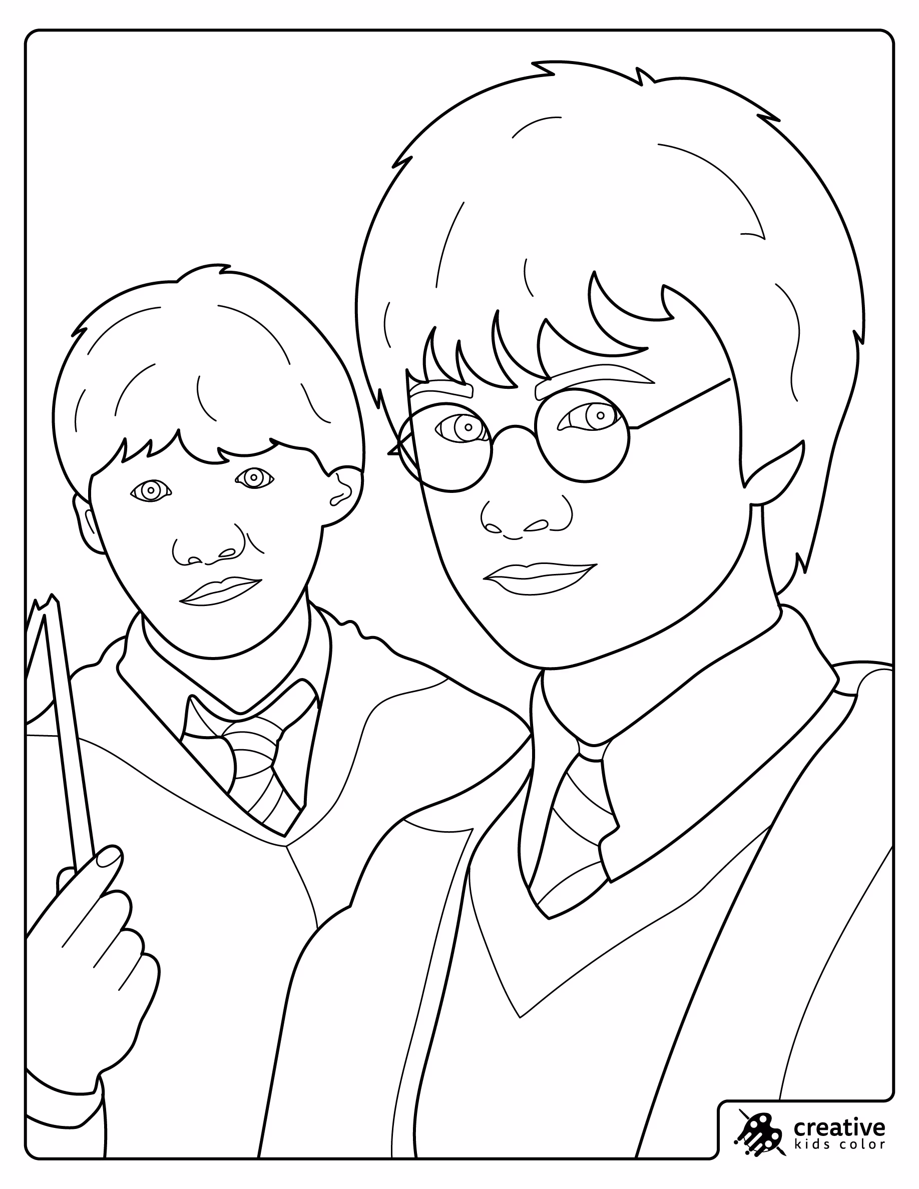 Young Harry Potter And Ron Weasley In Hogwarts Uniforms Coloring Page