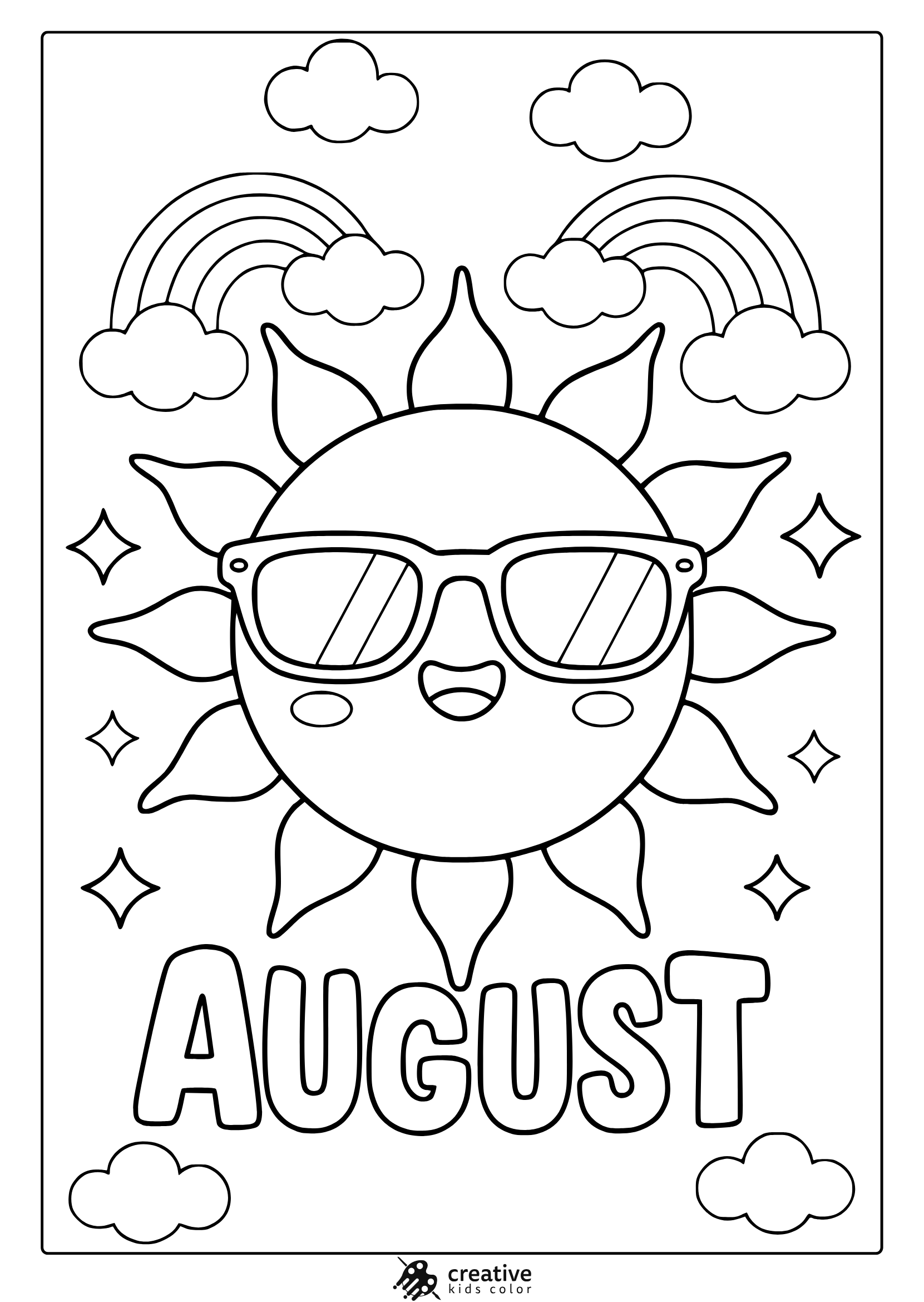 Coloring Page With Smiling Sun Wearing Sunglasses, Rainbows, And Sparkles In A Cheerful August Scene.