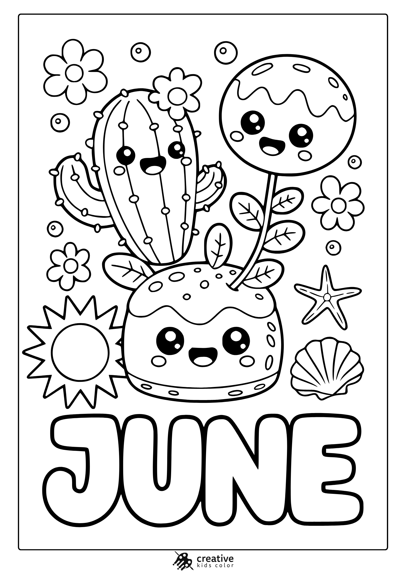 Coloring Page With Kawaii Cactus, Moon, Flowers, Sun, And &Quot;June&Quot; Text In A Desert-Themed Layout.