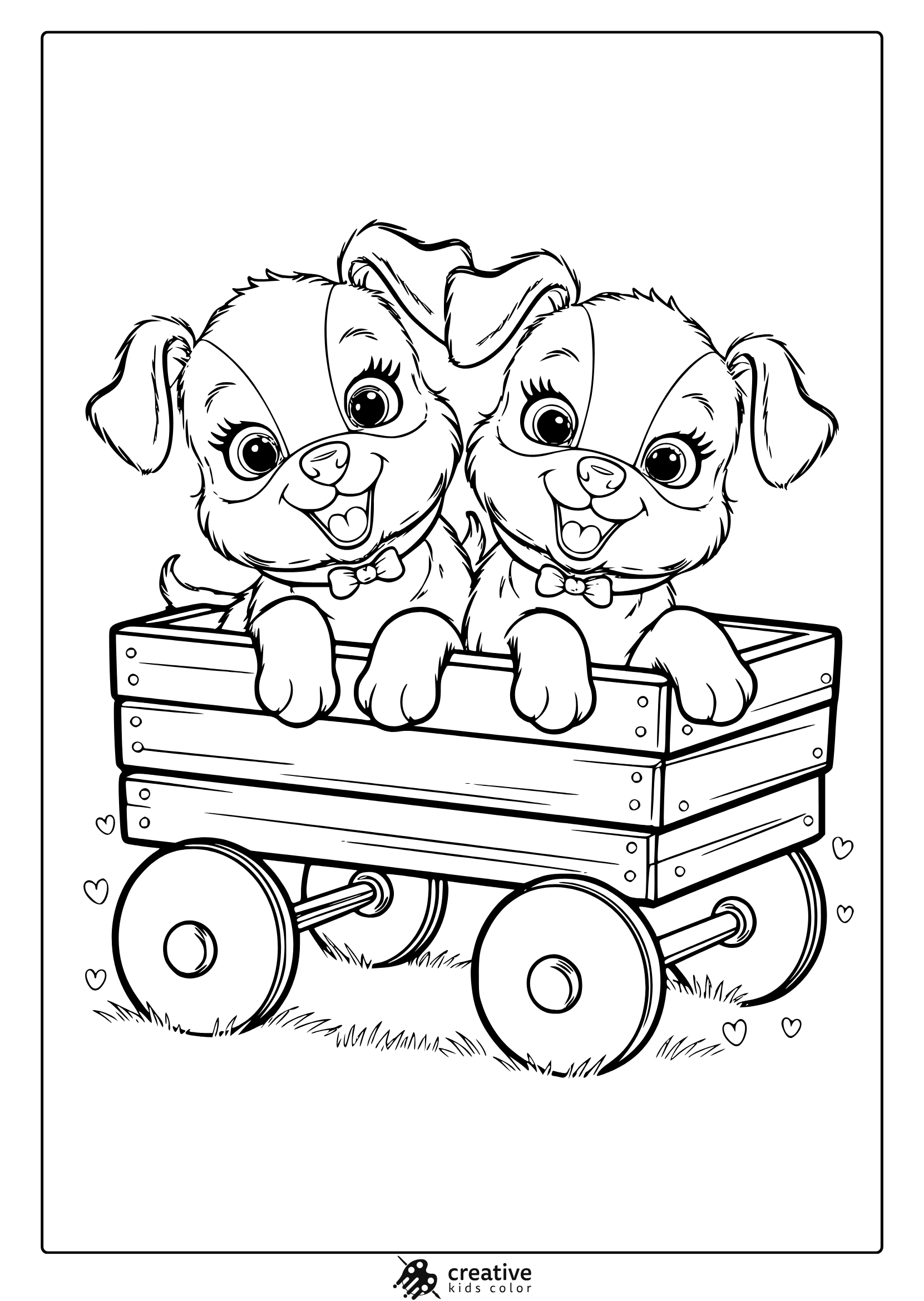 Two Puppies In A Wooden Wagon On The Grass. A Charming And Fun Puppy Coloring Page For All Ages.