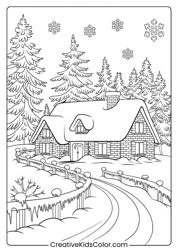 Adult Winter Coloring Page With A Snow-Covered House, Pine Trees, And A Winding Path For Detailed Winter Coloring.