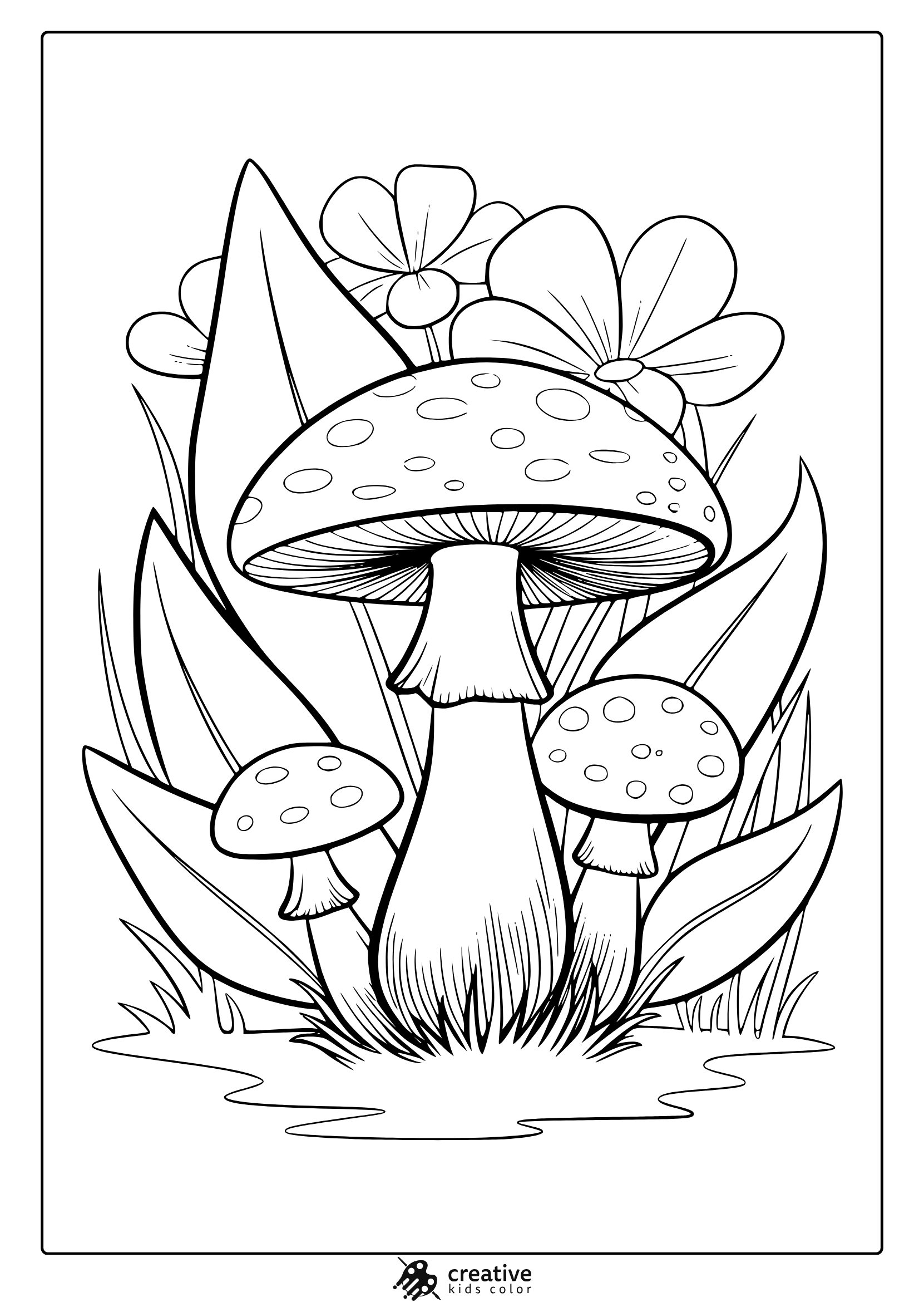 Stylish Mushroom Design With Floral Elements And Small Mushrooms In An Aesthetic Coloring Page.
