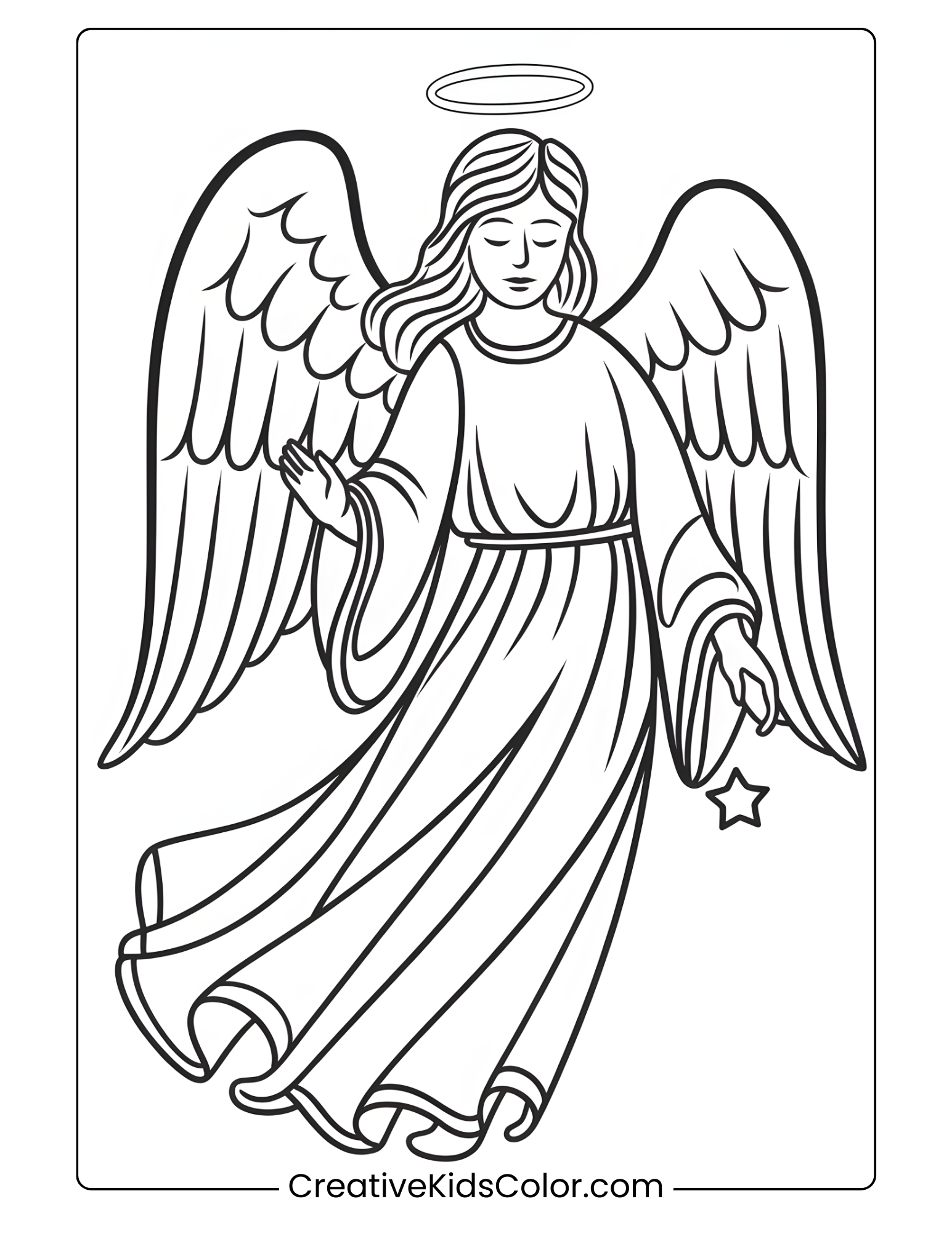 Serene Angel Holding A Star, Spreading Peace And Joy In This Divine Christmas-Themed Coloring Page.