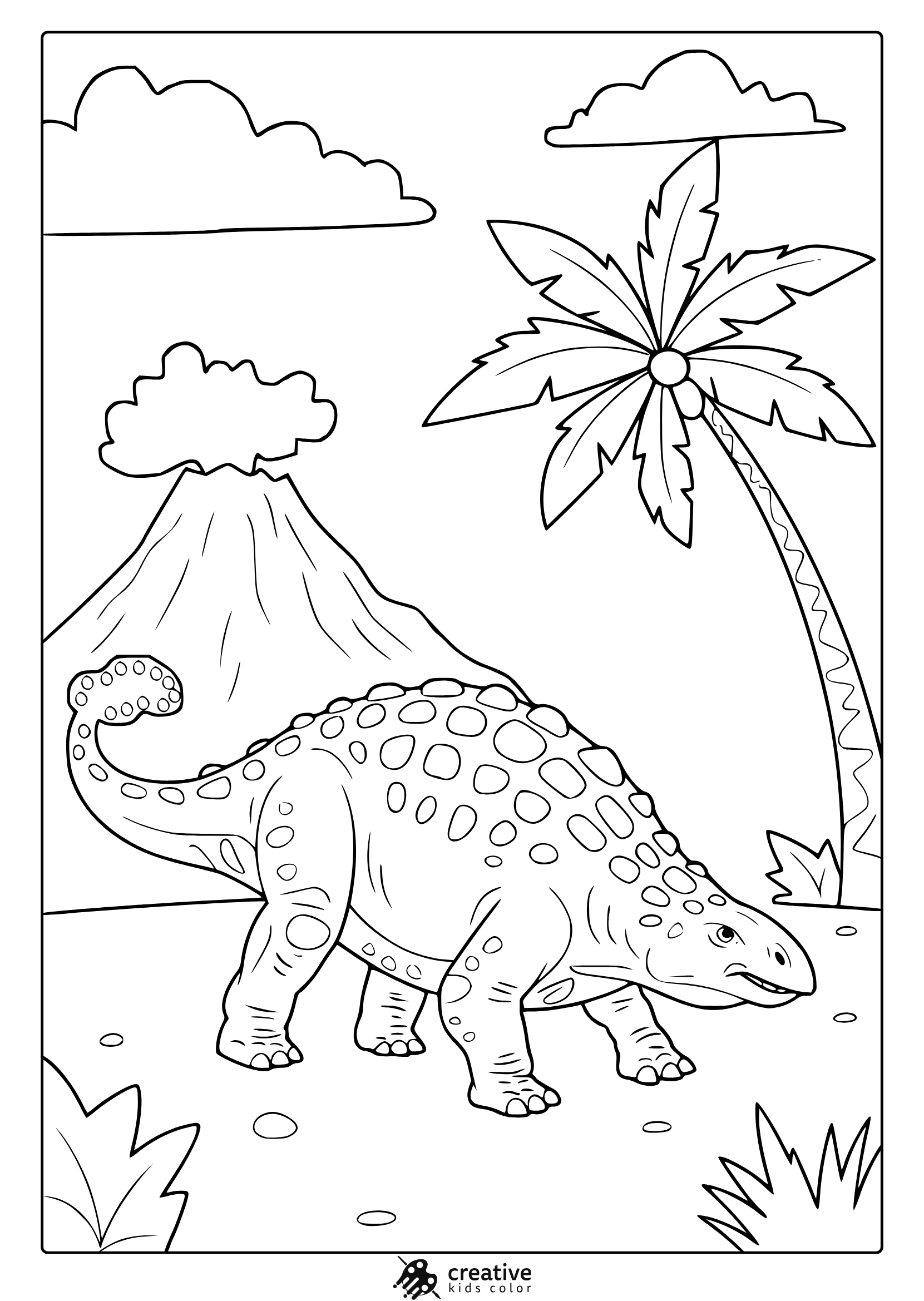 An Armored Ankylosaurus In Front Of A Volcano Is Shown In This Prehistoric-Style Dinosaur Coloring Page.
