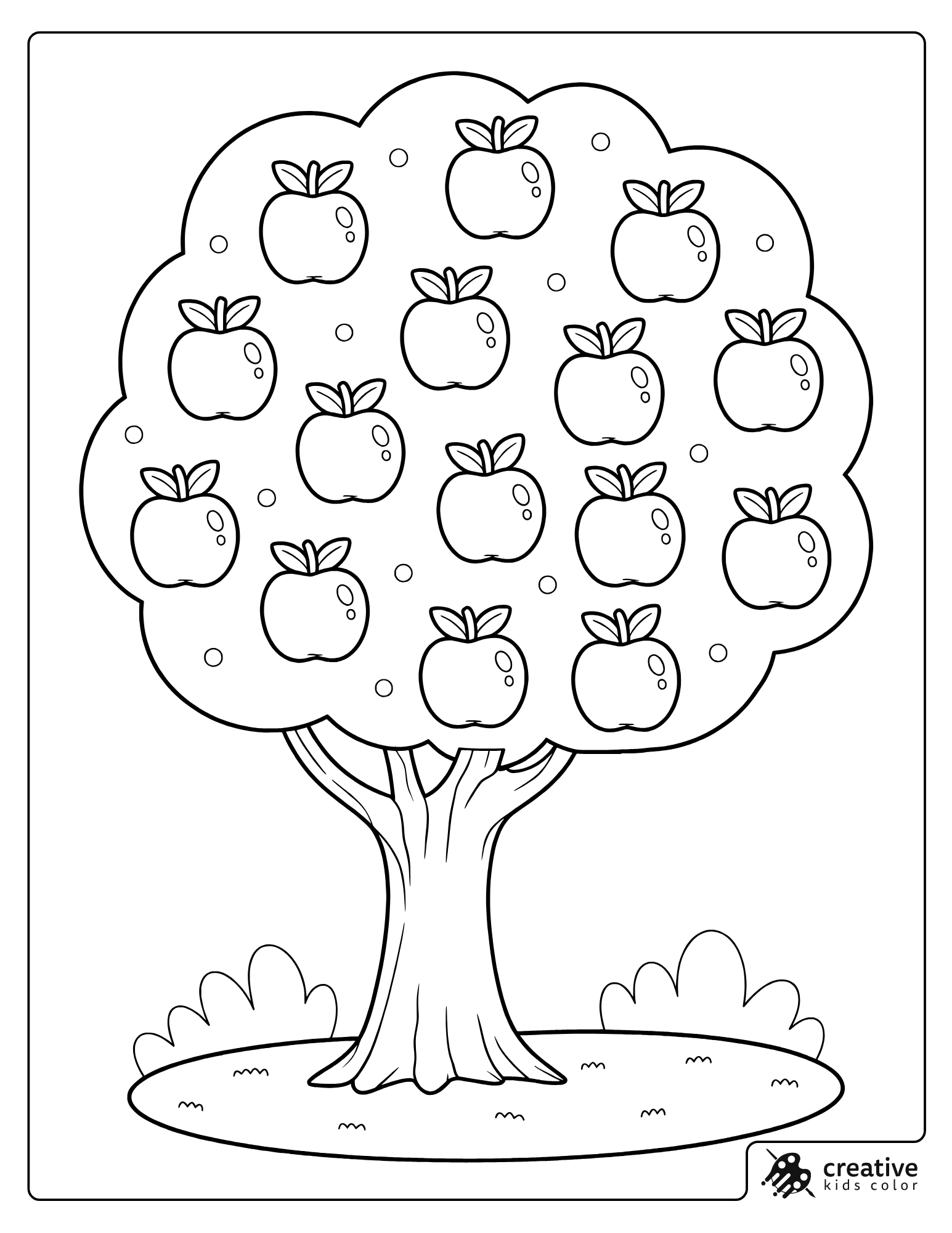 Apple Tree Coloring Page With Many Apples.
