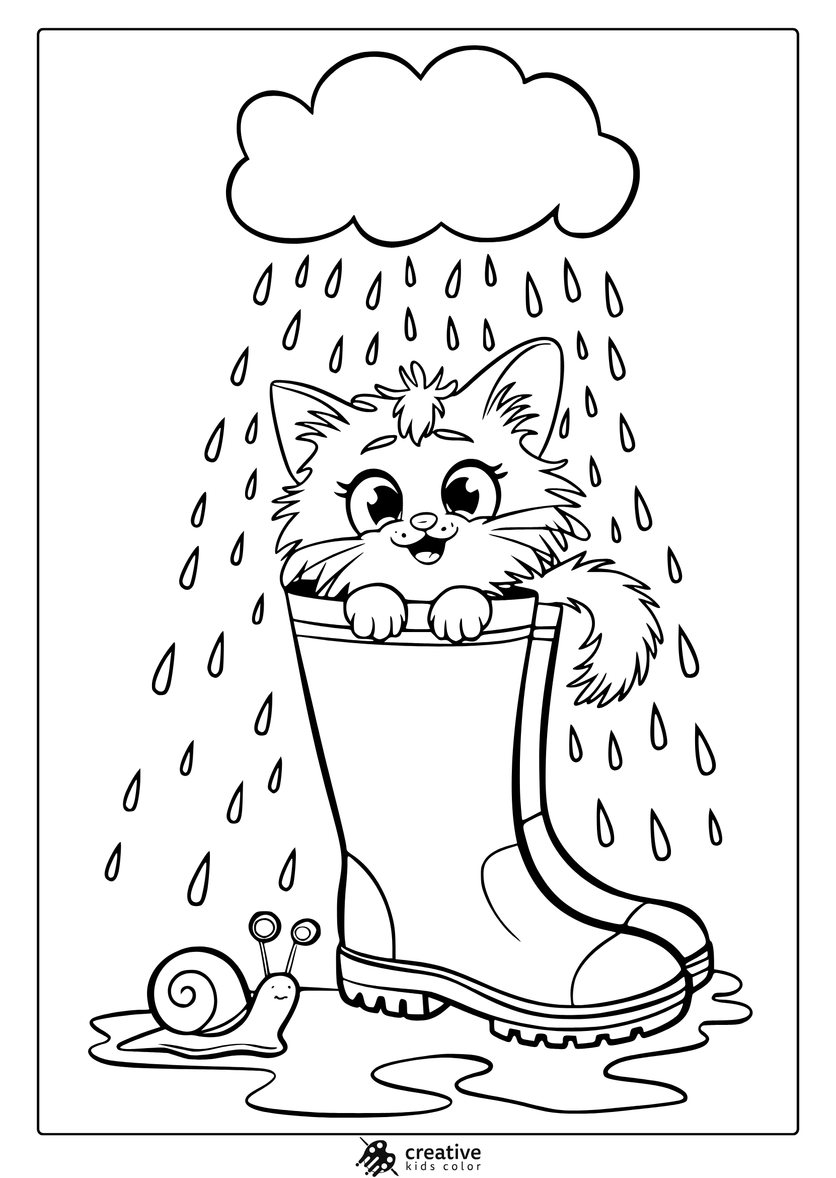 April Rain Coloring Page With A Cute Kitten Inside A Boot, Surrounded By Raindrops And A Small Snail.