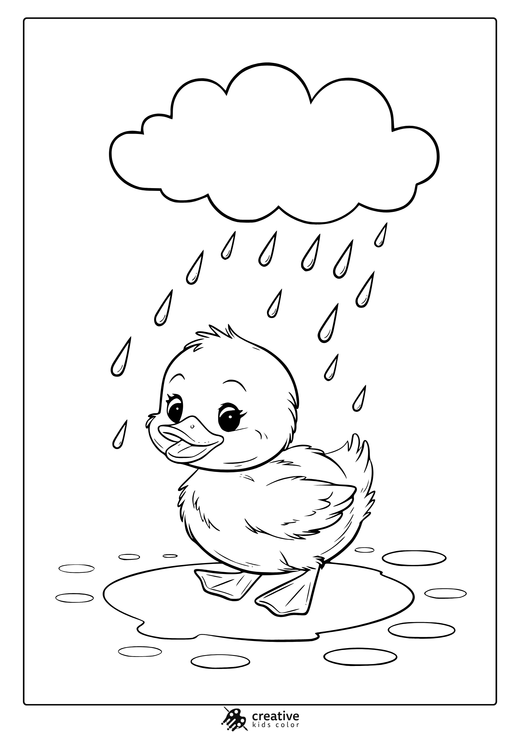 April Duckling Coloring Page Featuring A Cute Duckling In The Rain, Surrounded By Puddles.