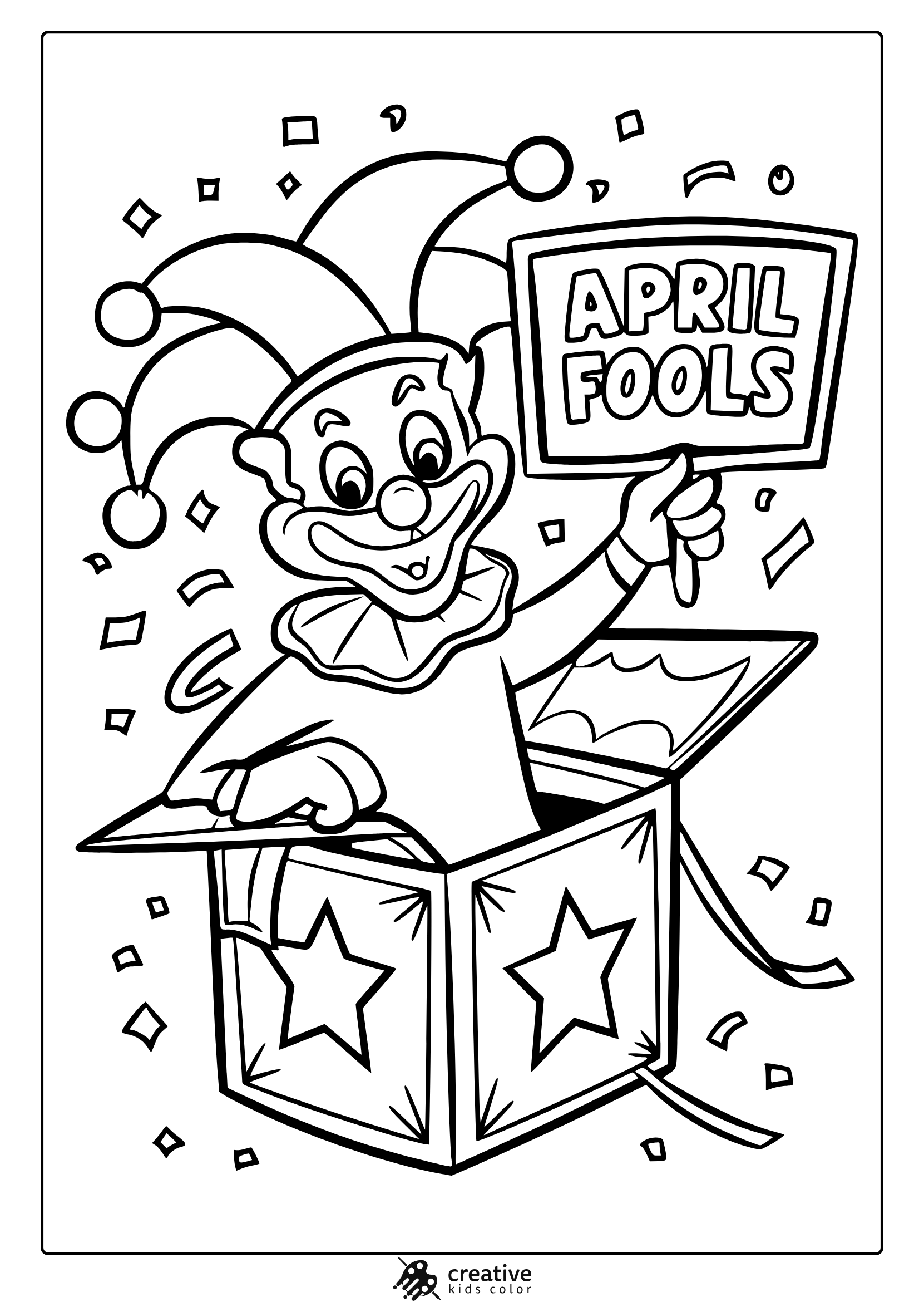April Fools' Day Coloring Page Featuring A Playful Clown Jumping Out Of A Box With Confetti And A Fun Surprise.