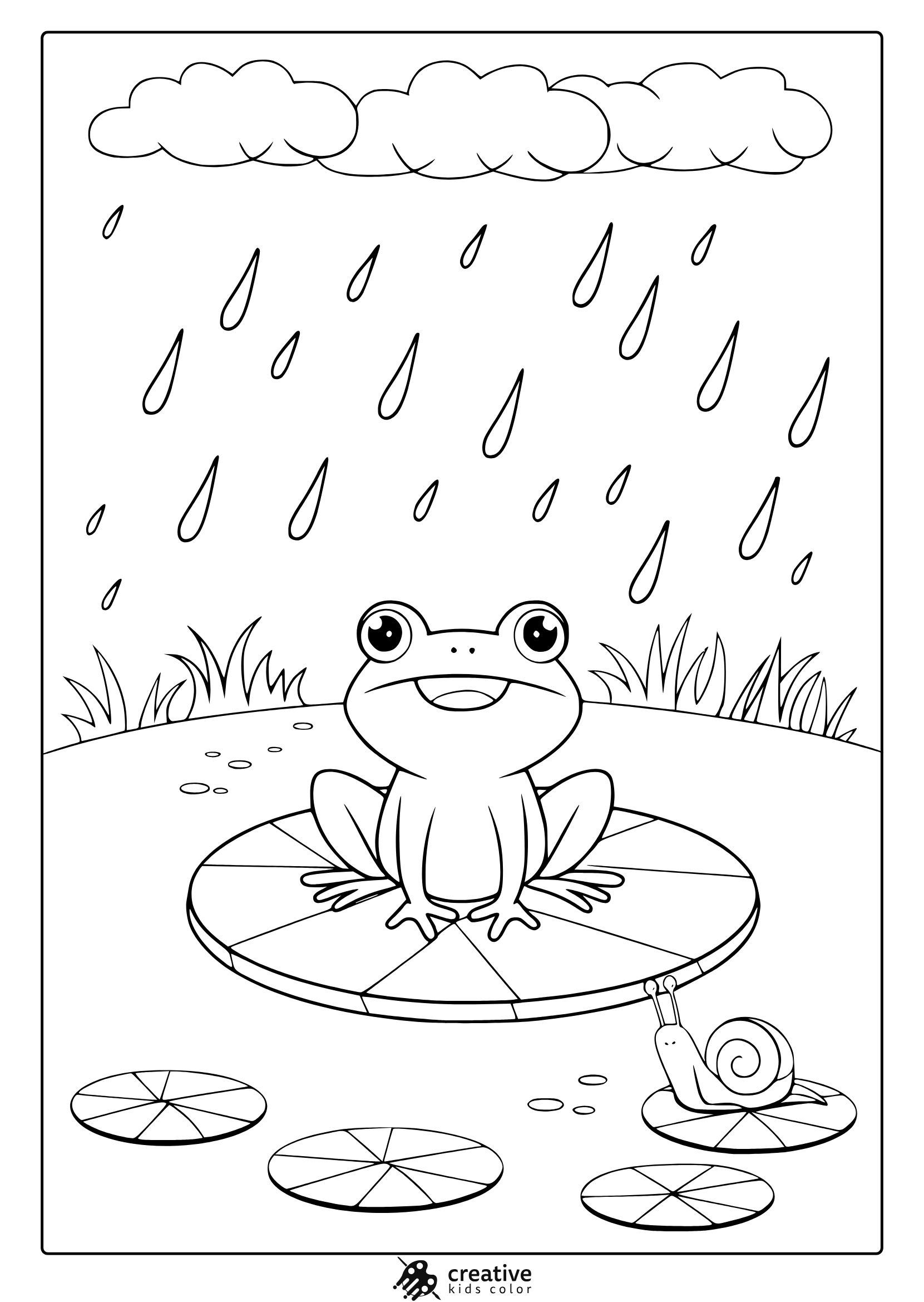 April Frog Coloring Page With A Cheerful Frog On A Lily Pad, Raindrops, And A Little Snail.