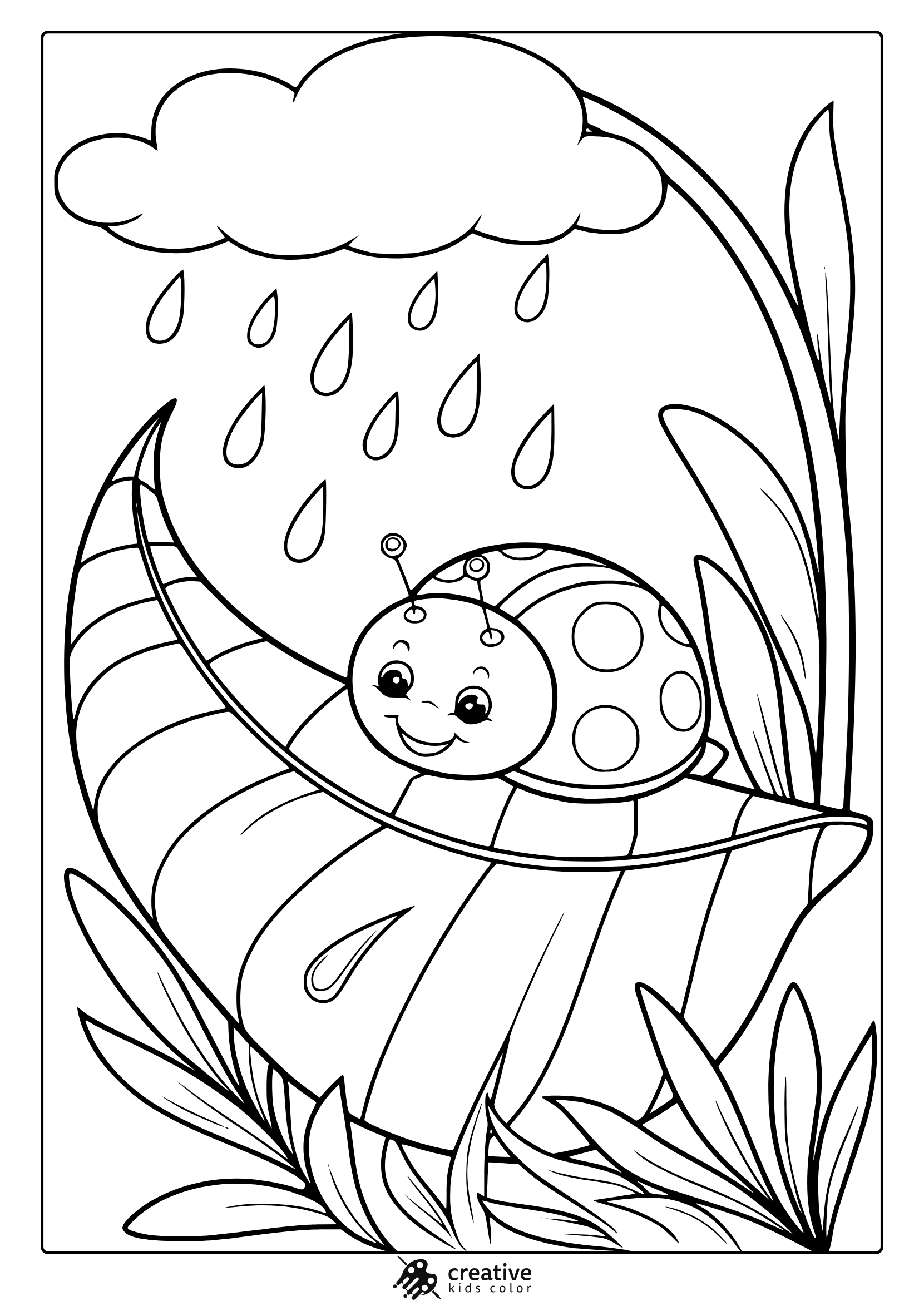 April Ladybug Coloring Page With A Ladybug Resting On A Leaf, Raindrops, And A Peaceful Nature Scene.