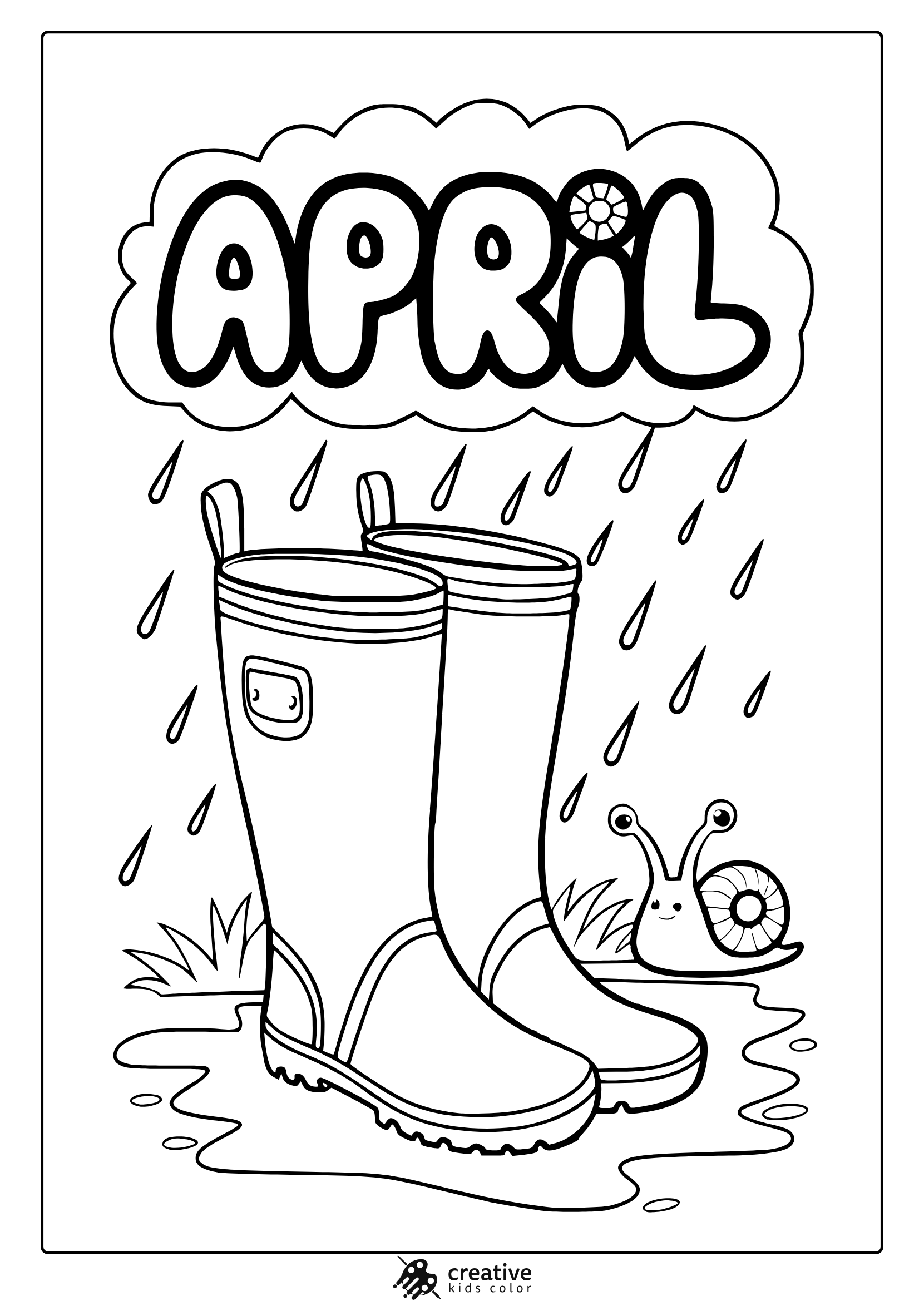 April Rain Boots Coloring Page With Puddles, Raindrops, And A Small Snail Under A Cloud.