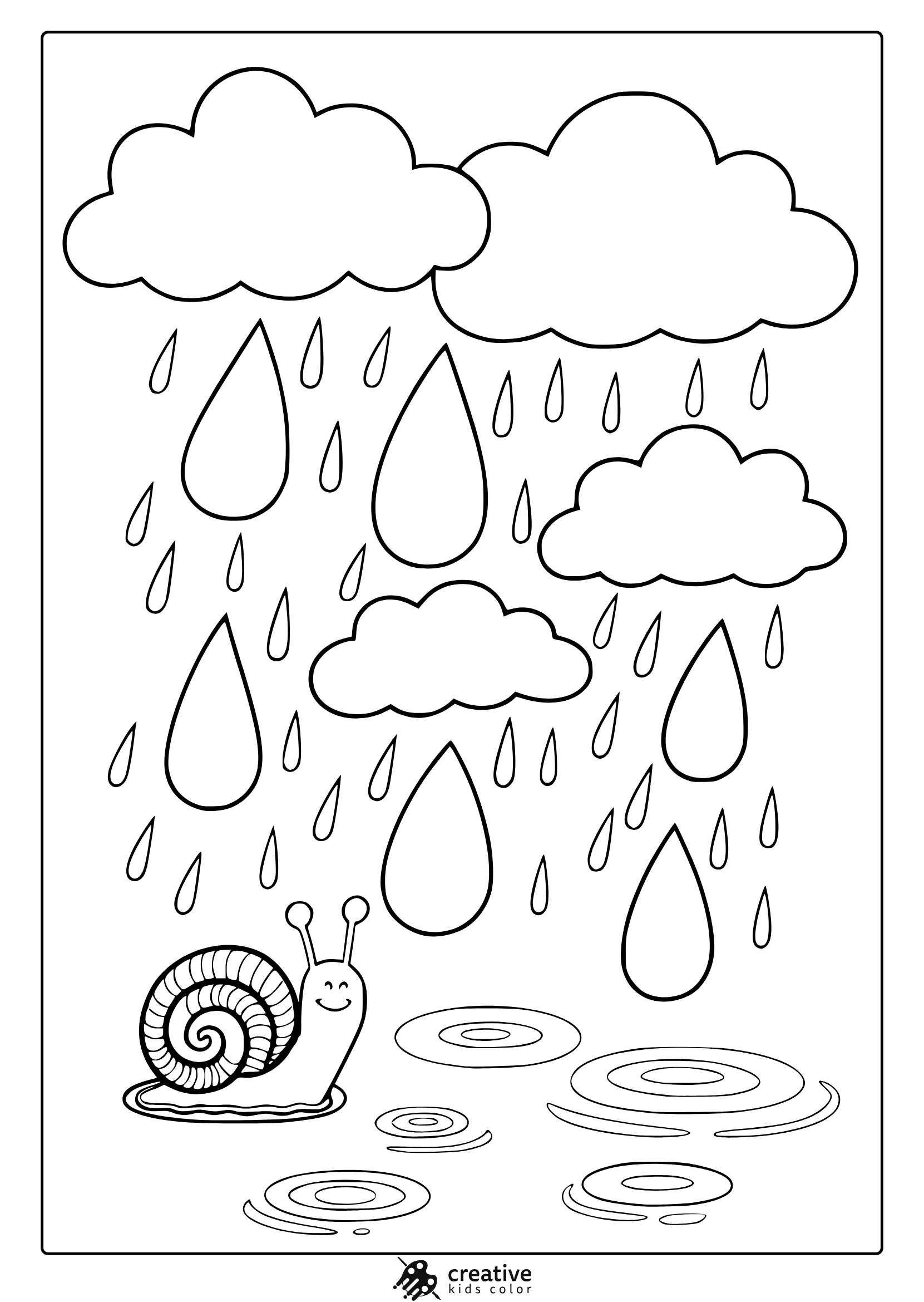 April Raindrops Coloring Page Featuring A Cheerful Snail, Rain Puddles, And Fluffy Clouds In A Relaxing Scene.