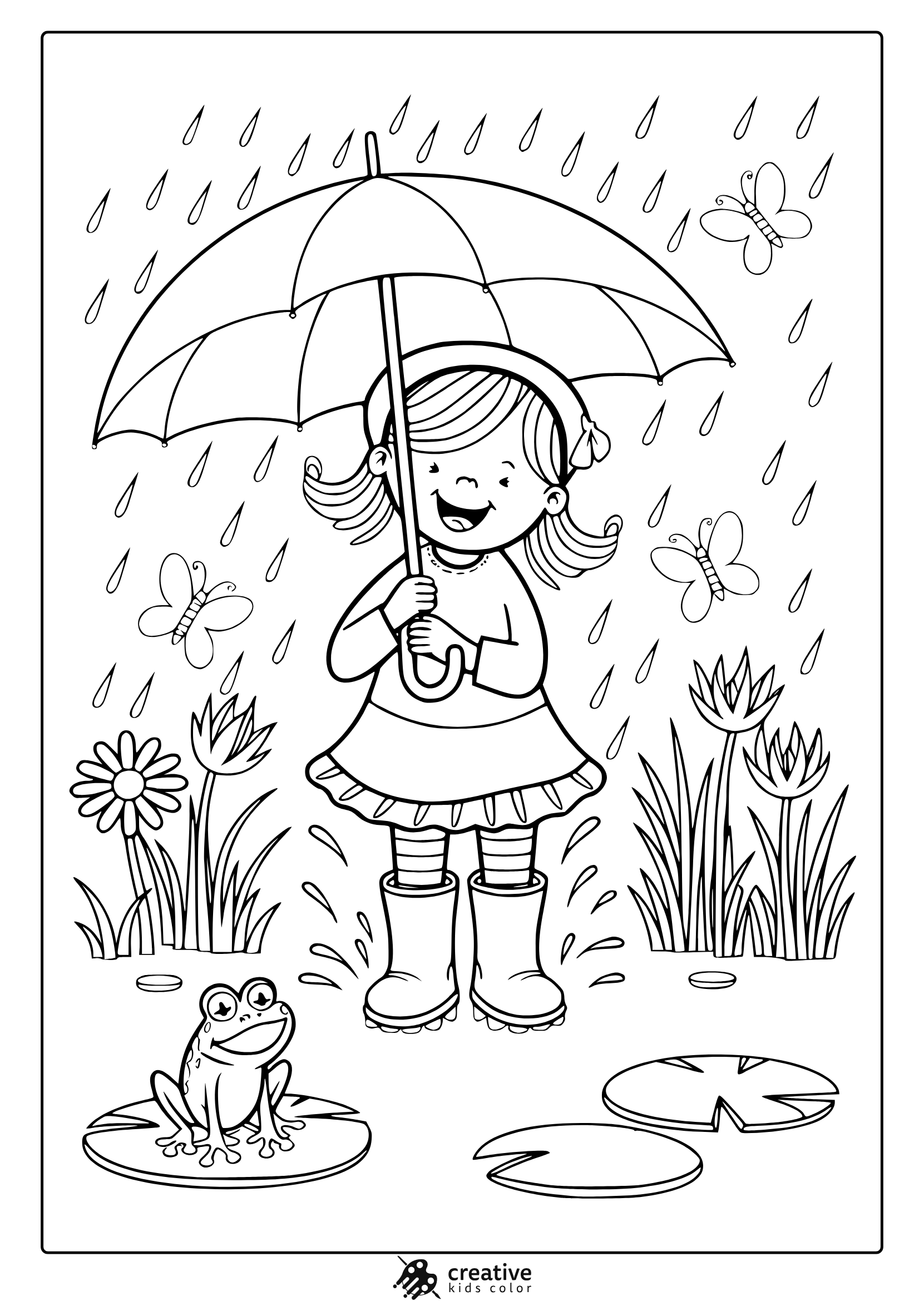 April Showers Coloring Page With A Happy Girl Jumping In Puddles, Enjoying The Rain With Flowers And Butterflies.