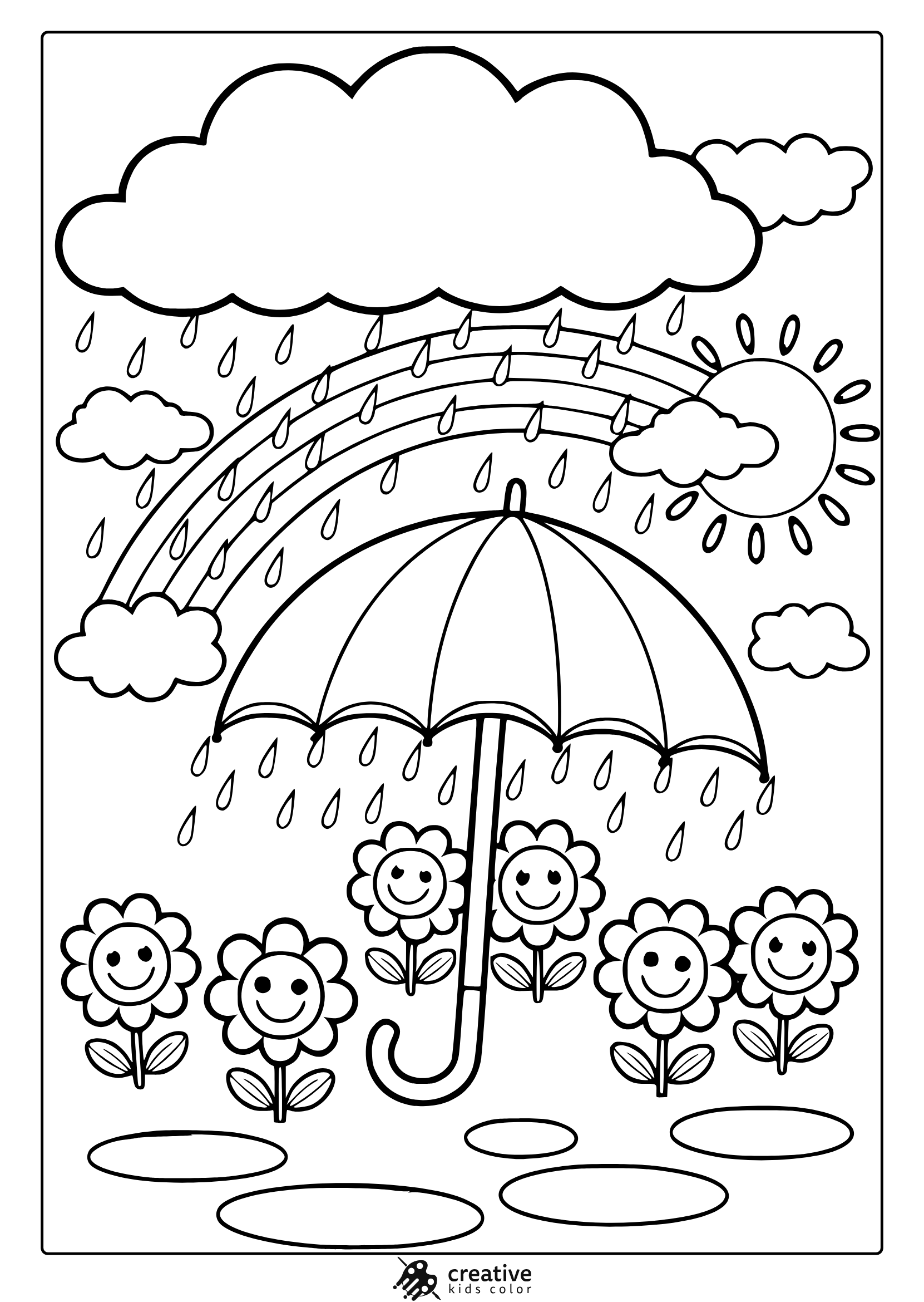 April showers coloring page with a cloud, raindrops, a bright sun, and cheerful flowers under an umbrella.