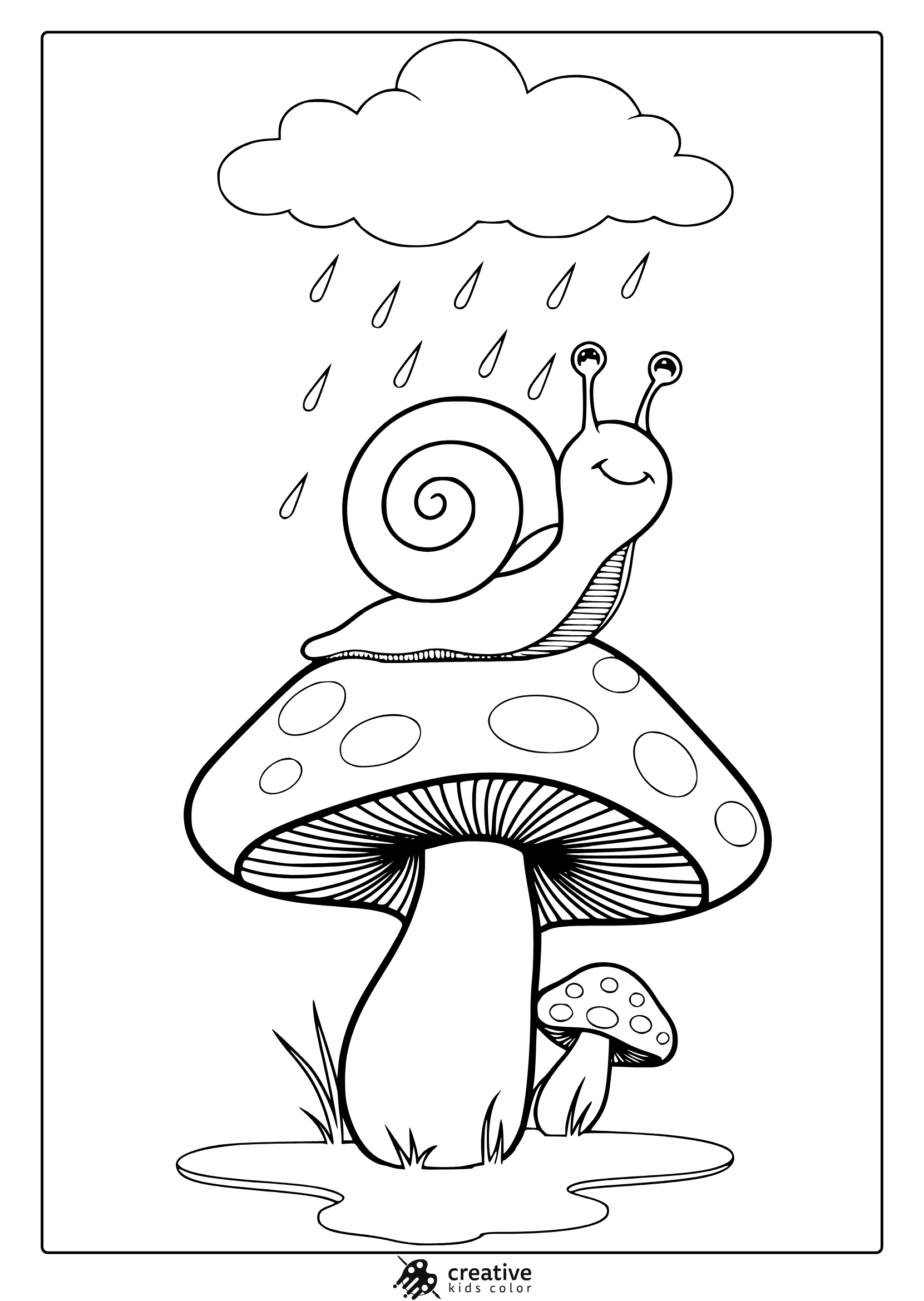 April Mushroom Coloring Page With A Happy Snail Sitting On A Mushroom, Enjoying The Rain.