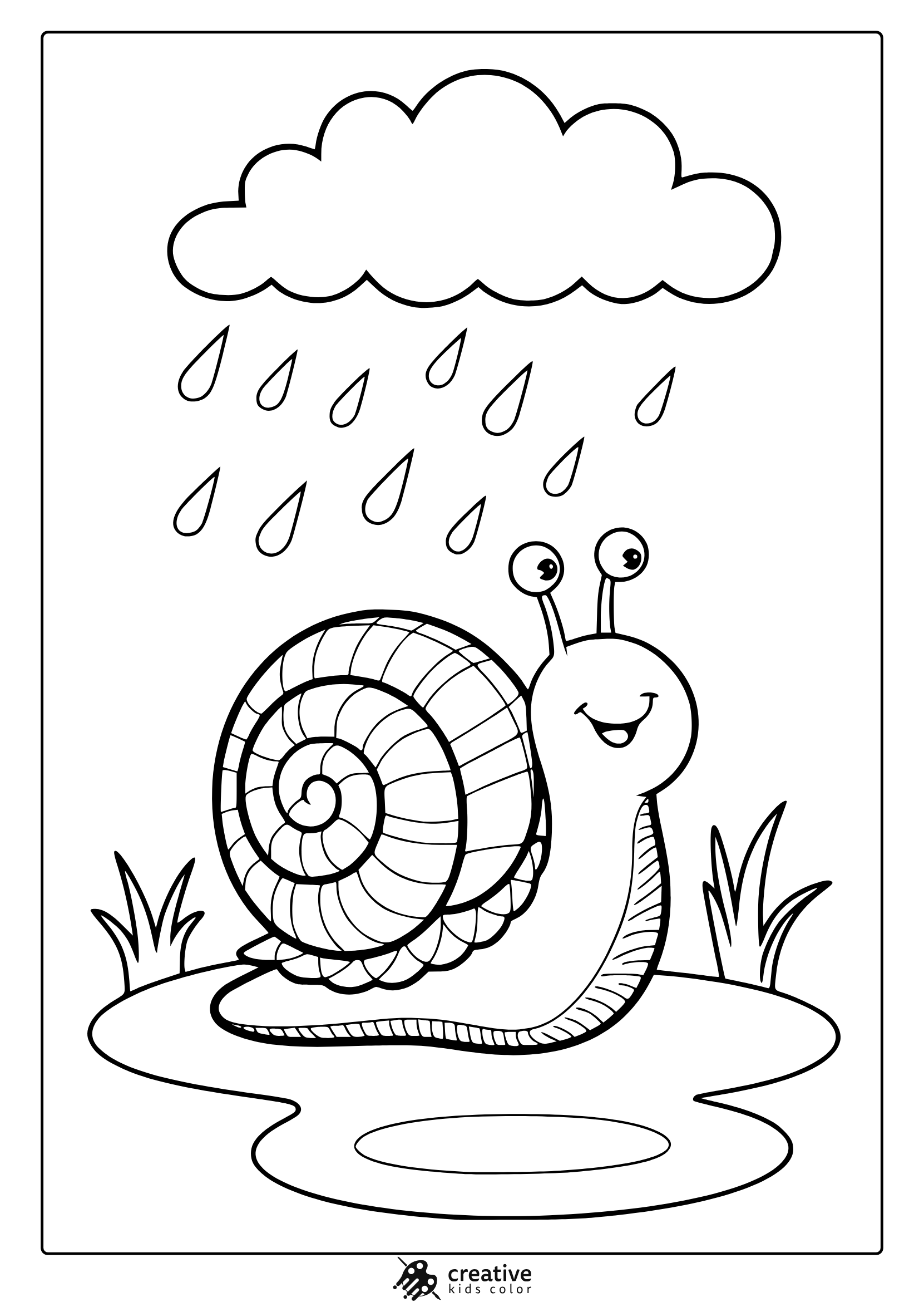 April Rain Coloring Page Featuring A Happy Snail In A Puddle, Enjoying The Gentle Rain.
