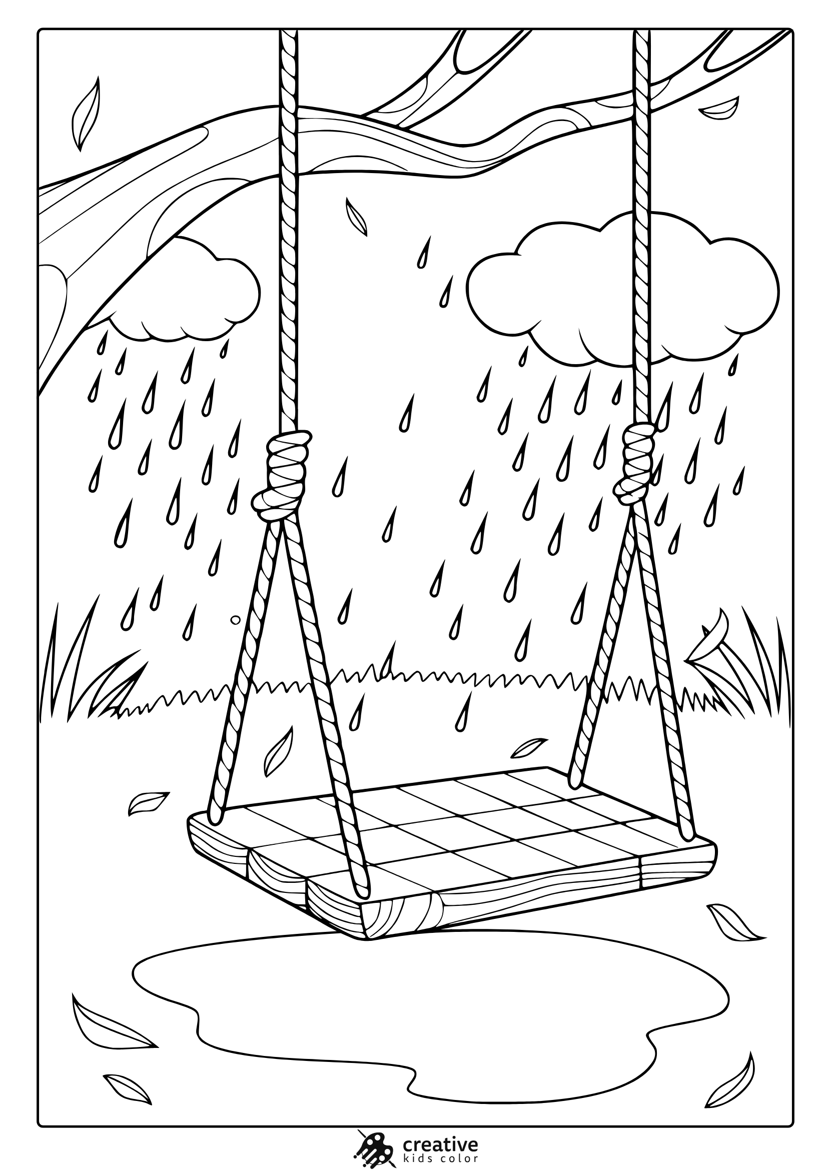 April Rain Swing Coloring Page With A Peaceful Swing Under A Rainy Sky, Surrounded By Puddles.