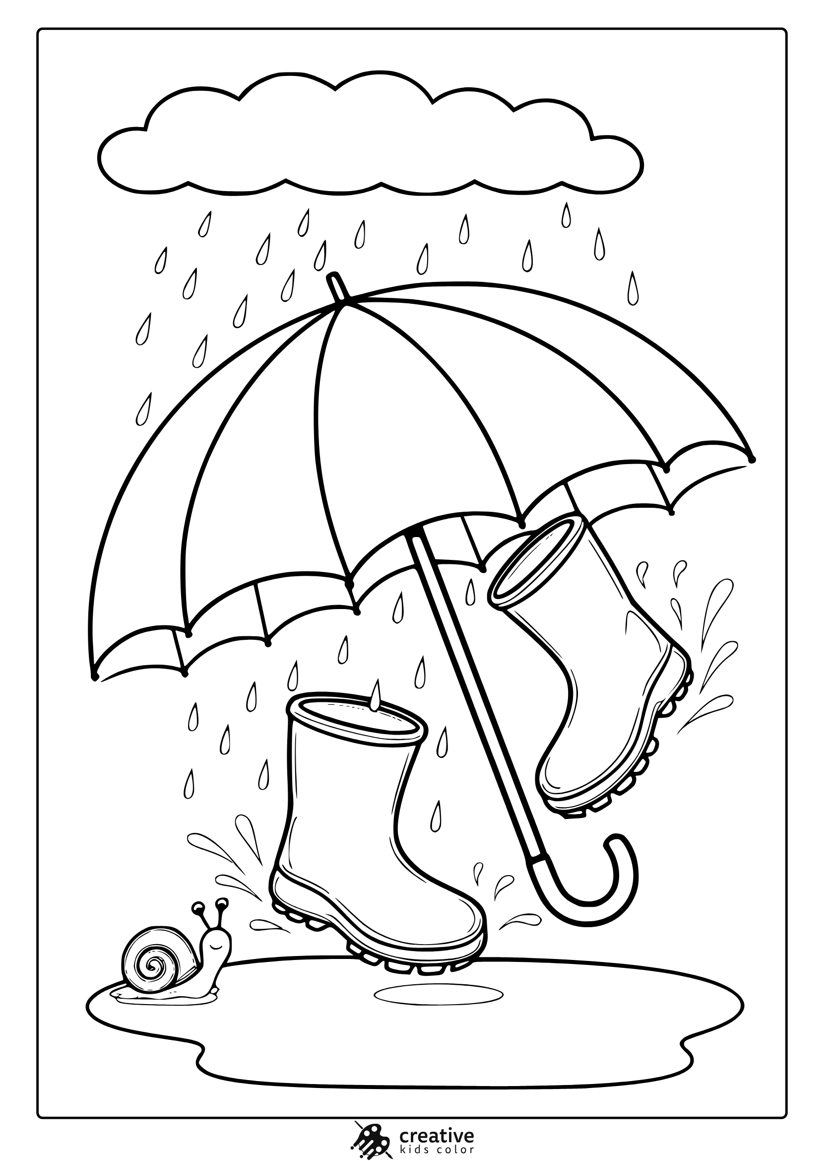 April Rain Coloring Page Featuring An Umbrella, Splashing Rain Boots, And Falling Raindrops.