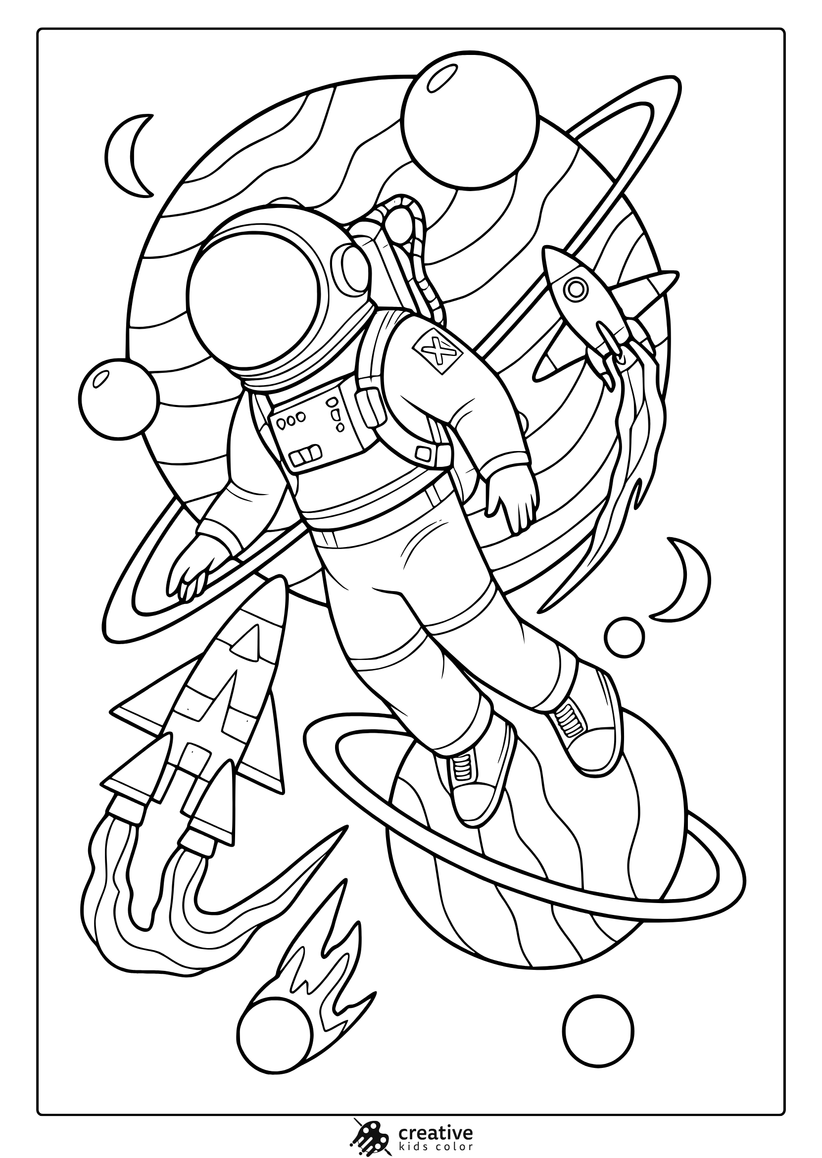 Astronaut With Helmet Near Planets Rockets And Moons. Adventurous Astronaut Coloring Page For Young Explorers.