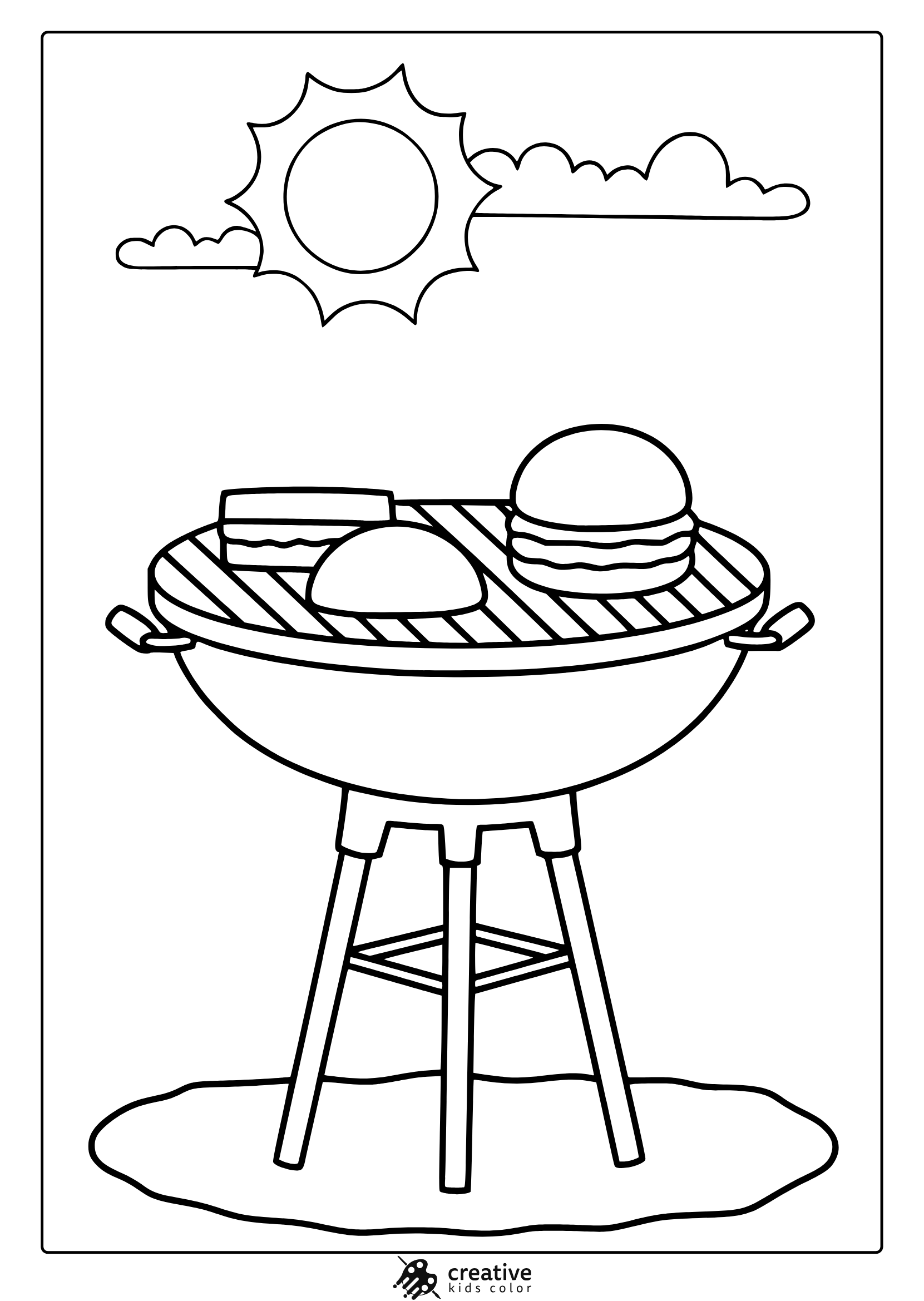 Coloring Page With A Barbecue Grill, Burgers, Hot Dog, Sun, And Cloud For A Summer August Cookout Theme.