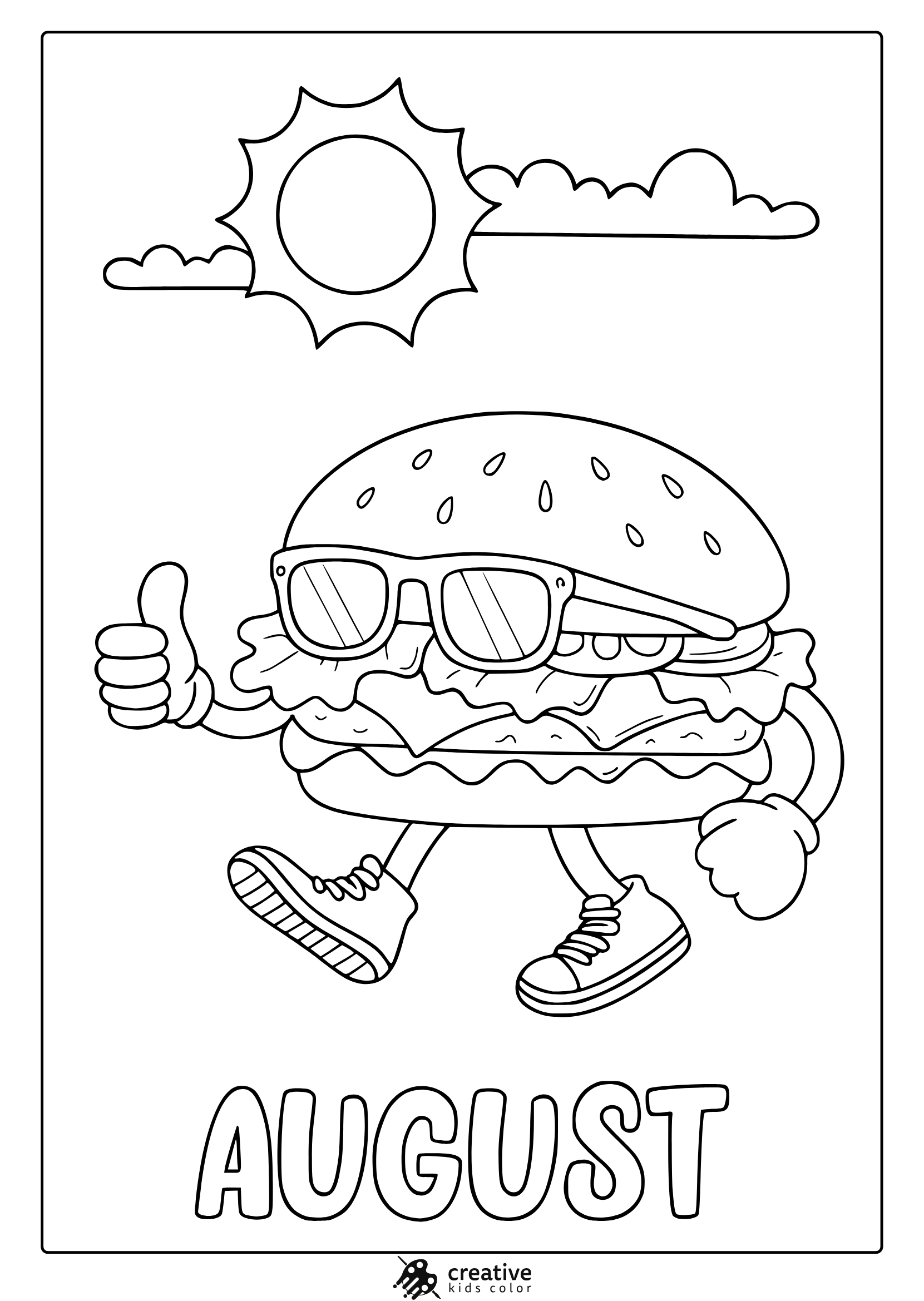 Coloring Page Of A Cartoon Burger Character With Sunglasses And Sun, Perfect For Summer August Fun.