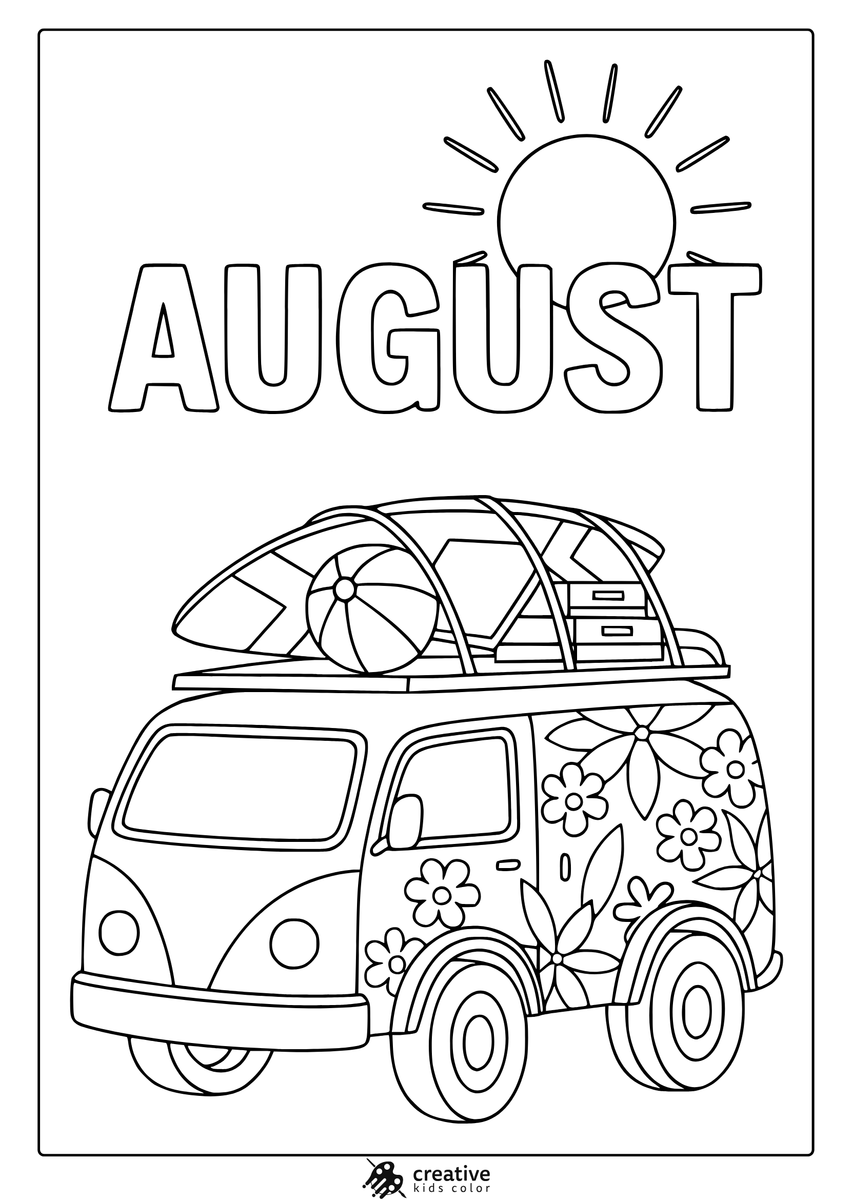 Coloring Page Of A Vintage Bus With A Surfboard, Flowers, And Sun, Perfect For An August Beach Vibe.
