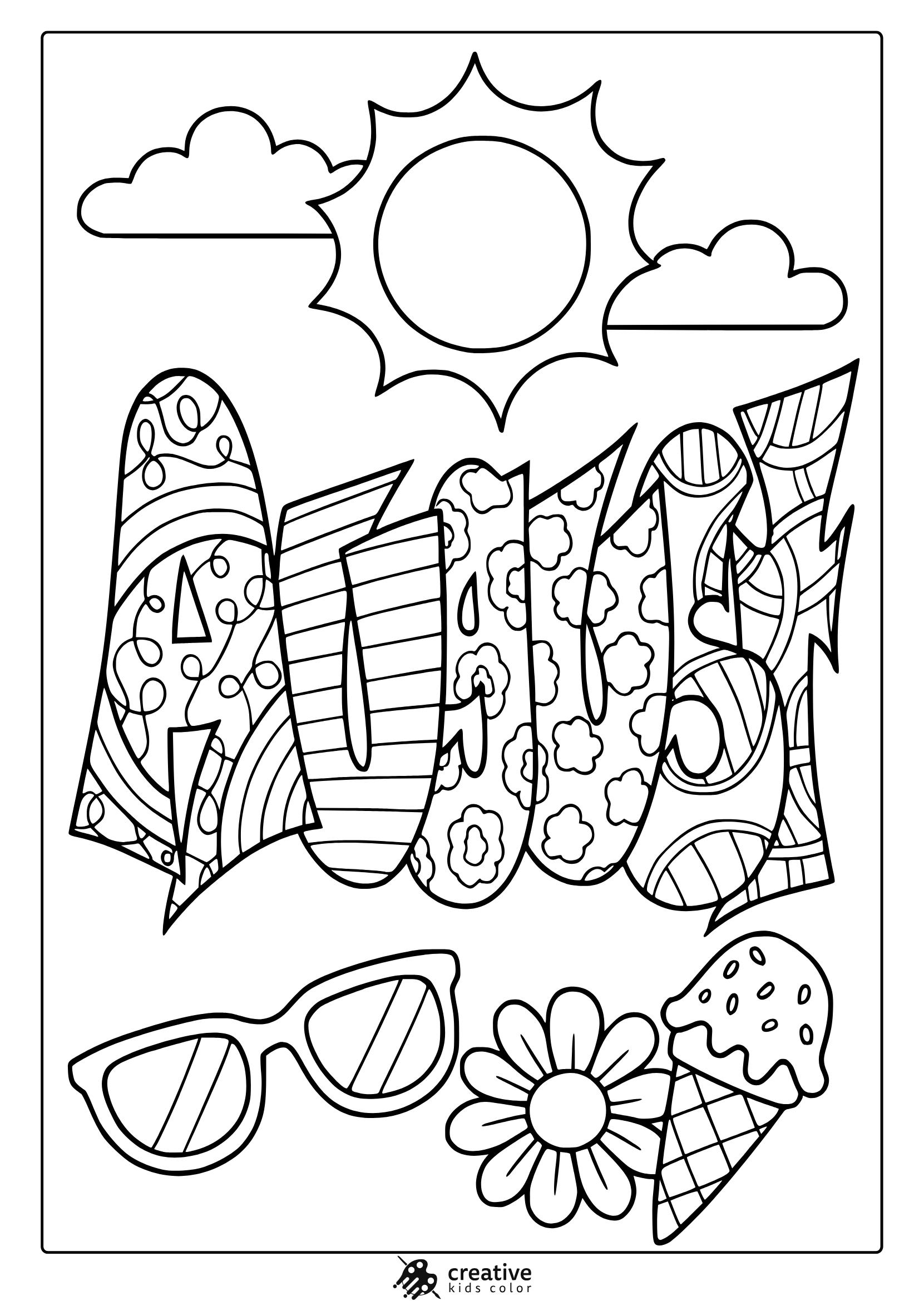 Coloring Page With Sun, Clouds, Sunglasses, Flower, And Ice Cream Around Summer Text For August Coloring.