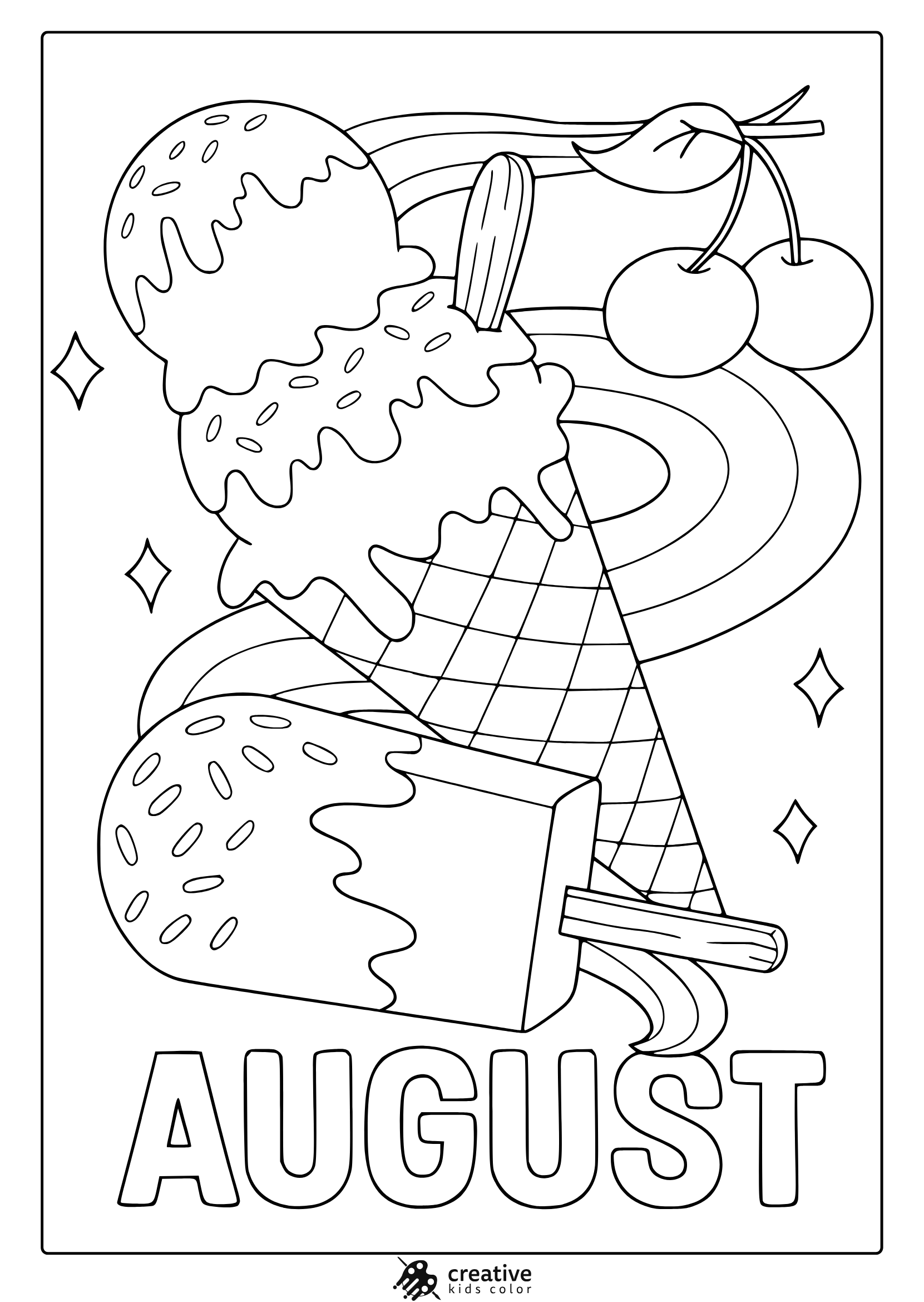 Coloring Page With Melting Ice Cream, Sprinkles, Cherries, And Stars For A Sweet August-Themed Design.