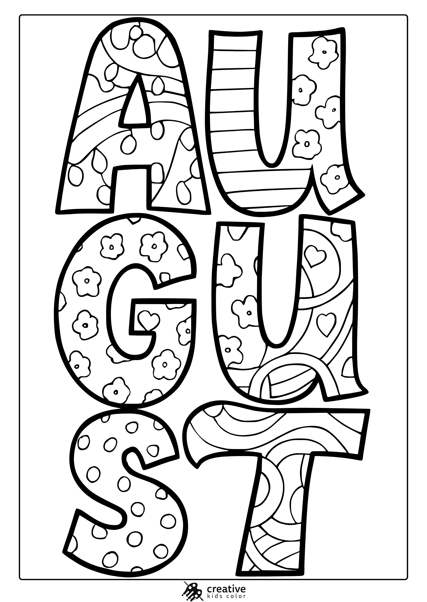 Coloring Page With August Letters Decorated With Stripes, Flowers, Dots, And Hearts For August Creativity.