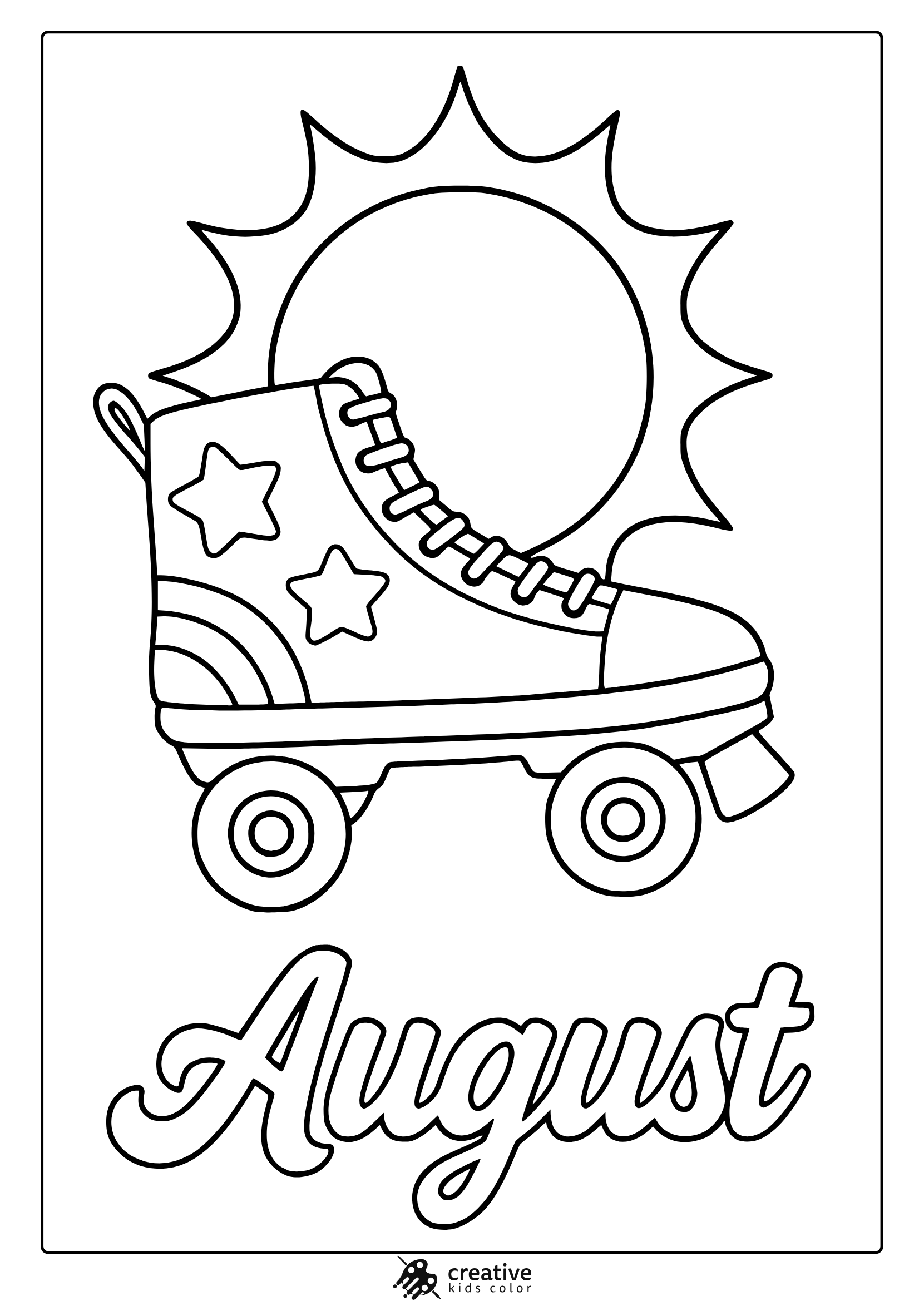 Coloring Page Featuring A Roller Skate, Stars, Sun, And August Text In A Bold, Summer Roller Theme.