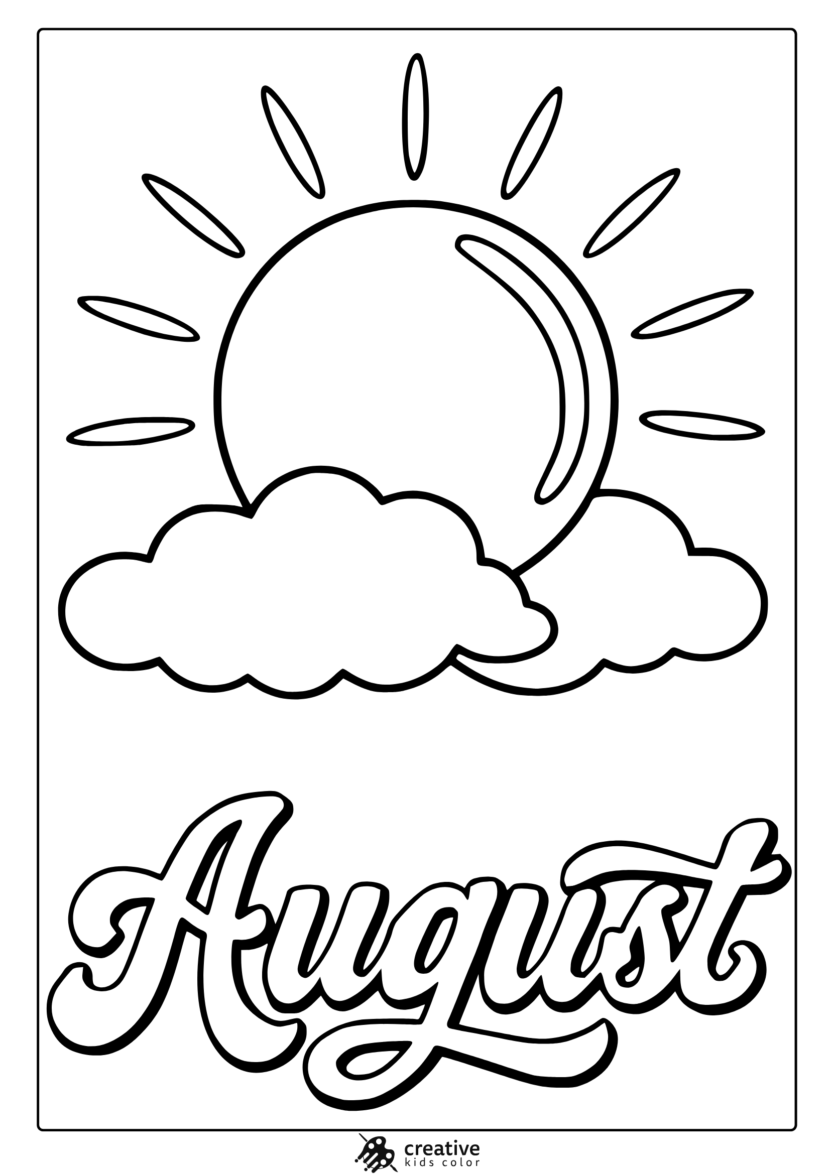 Coloring Page With Stylized Sun, Clouds, And Cursive August Text In A Clean And Modern Design.