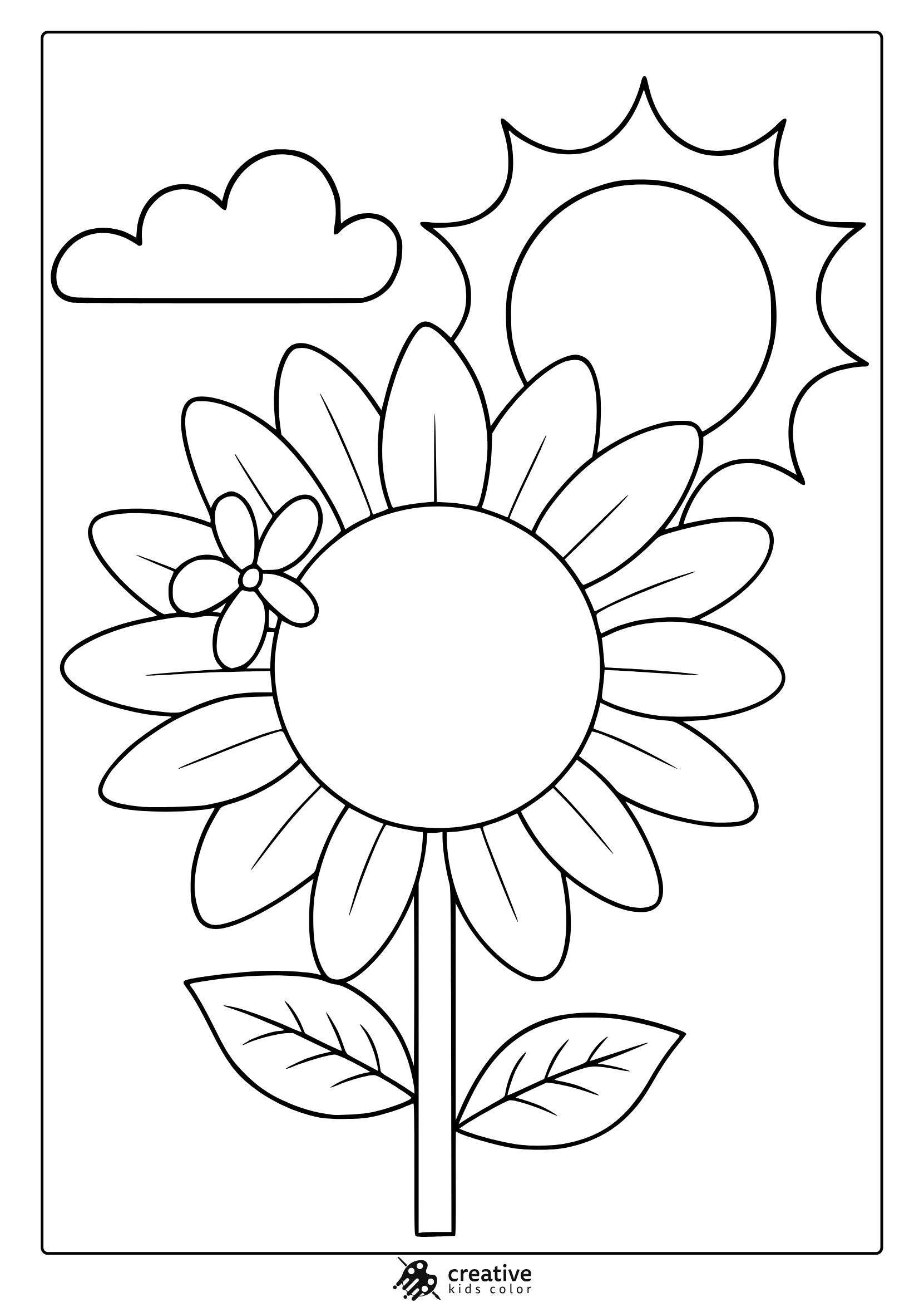 Coloring Page With A Sunflower, Daisy, Sun, And Cloud, Drawn In Bold Lines For A Relaxing August Activity.