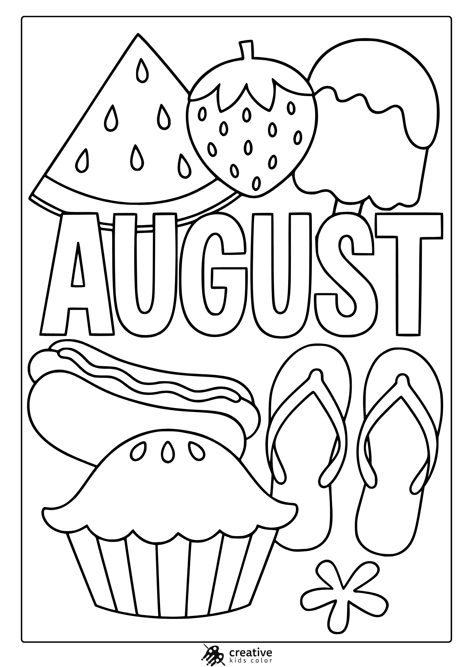 Coloring Page Featuring Watermelon, Pie, Hot Dog, Cupcake, And Flip Flops For A Fun August-Themed Design.