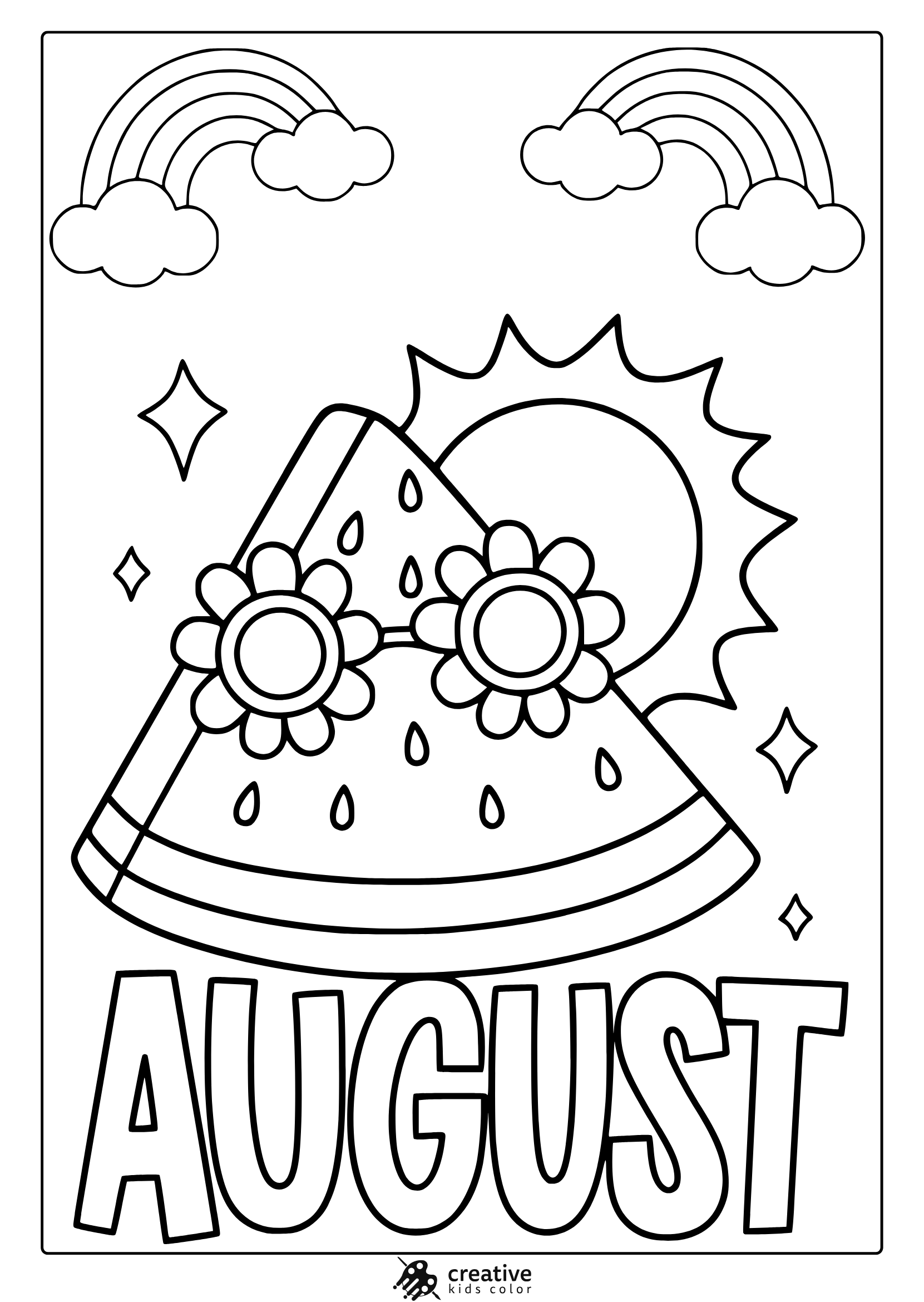 Coloring Page With Watermelon, Sunflowers, Daisies, Sun, And Rainbows In A Vibrant August Summer Scene.