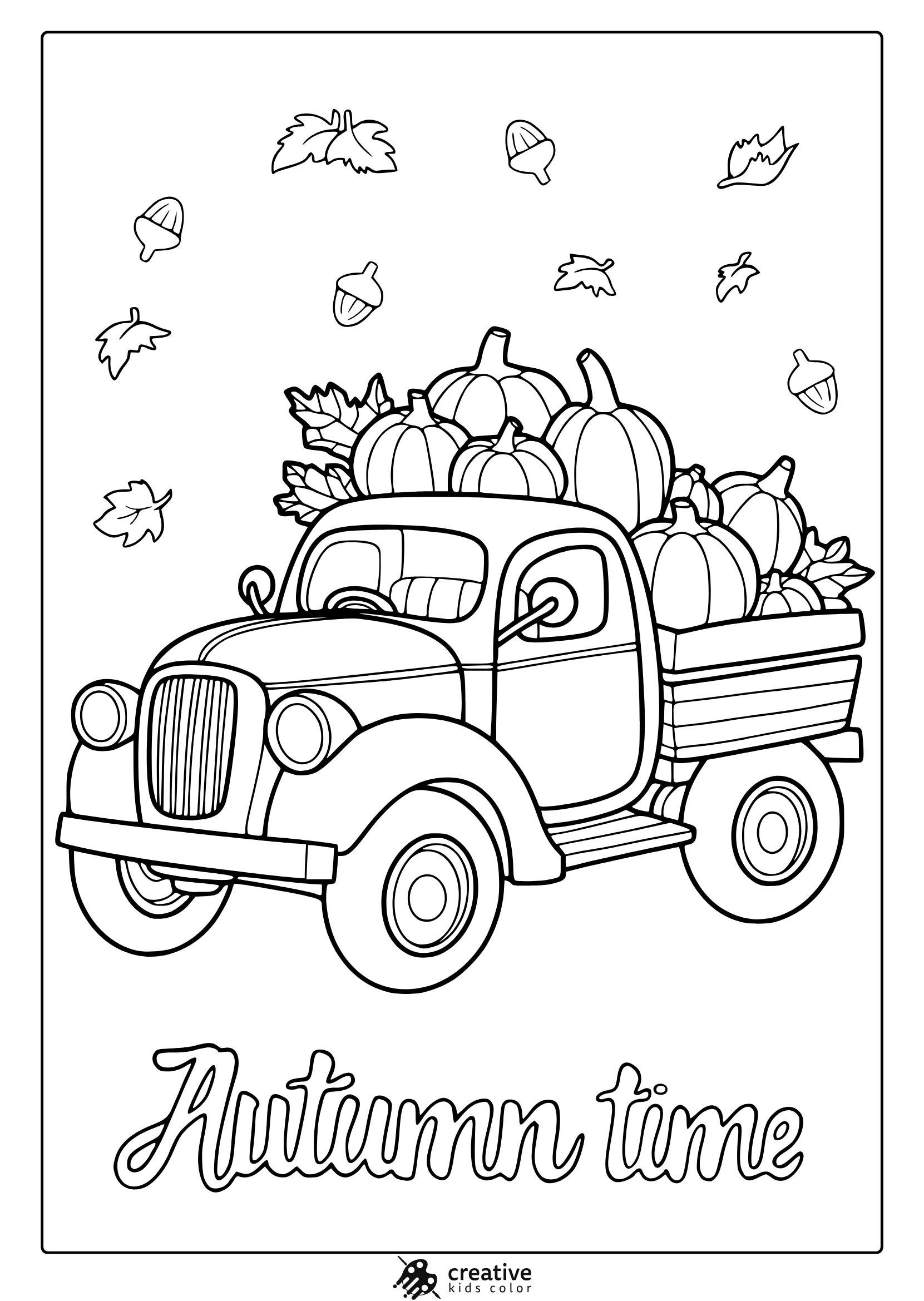 Farmers Truck Carrying Pumpkins And Fall Leaves With Autumn Time Text In A Coloring Page.