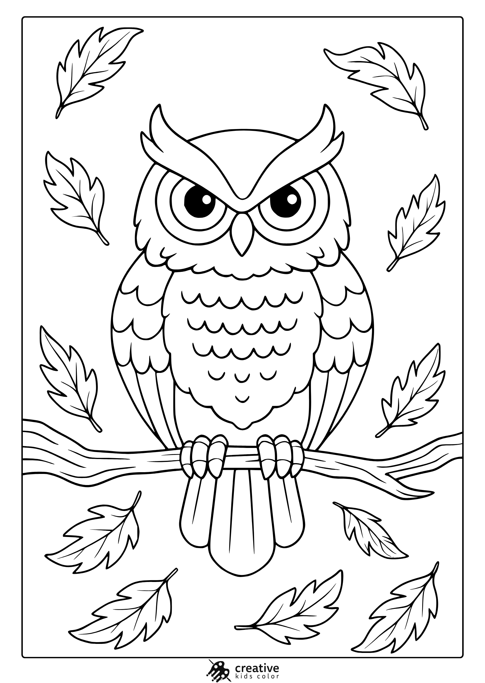 Owl On Branch With Maple Leaves In A Black And White Autumn Owl Coloring Page.