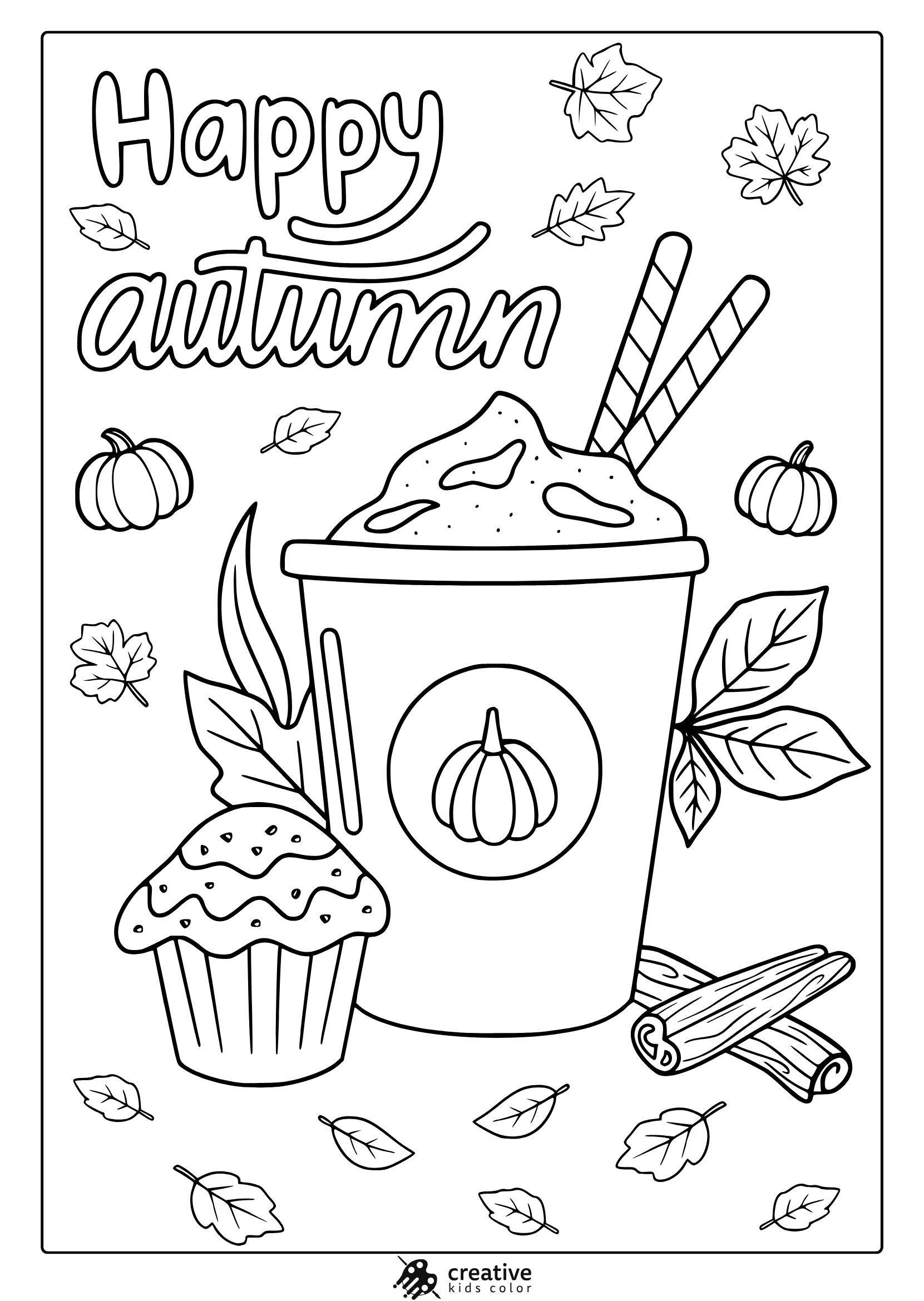 Pumpkin Spice Coffee Cup, Cupcake, Leaves, And Cinnamon In A Cozy Autumn Coloring Page.