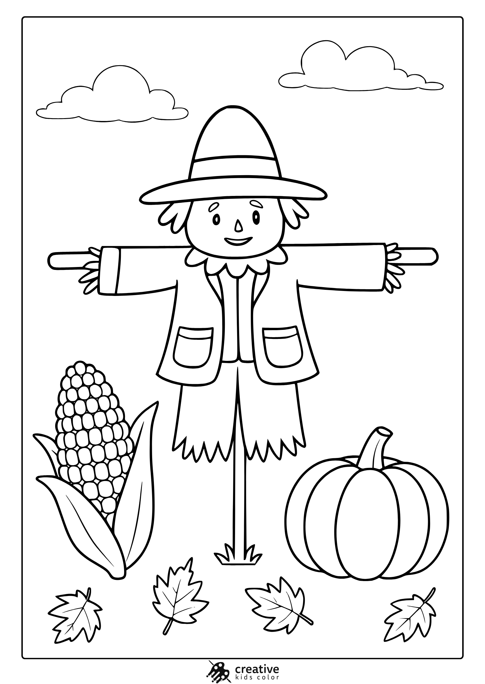 Cartoon Scarecrow With Pumpkin, Corn, And Leaves In A Festive Autumn Coloring Page.