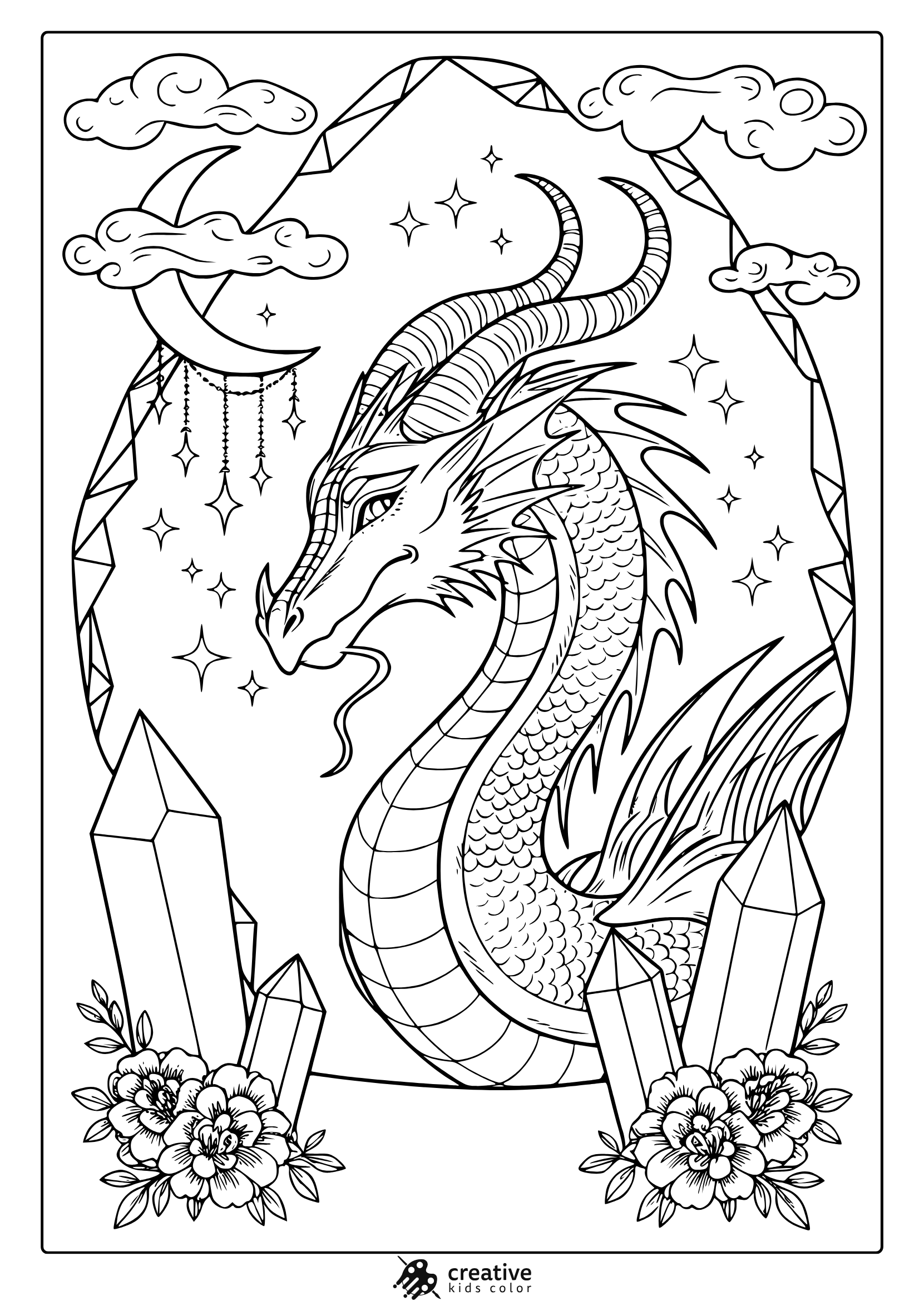 An Awesome Dragon Coloring Page Featuring A Mystical Dragon With Stars, Clouds, And Crystals, Perfect For Artistic Coloring.