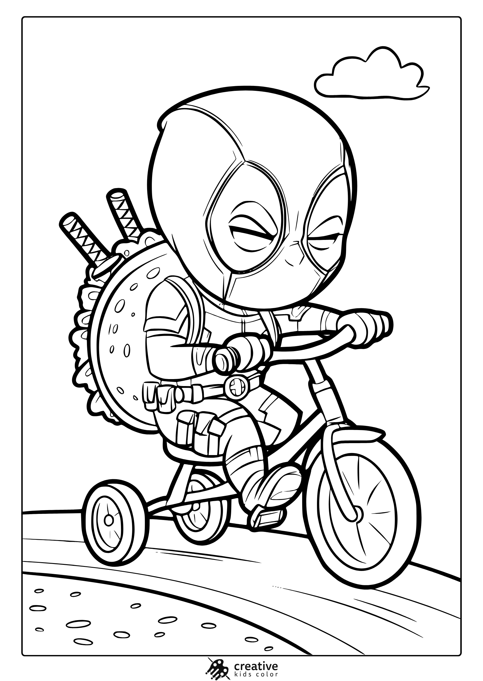 Baby Deadpool Coloring Page Featuring The Superhero On A Tricycle With A Backpack, Great For Kids’ Fun Coloring Sessions.