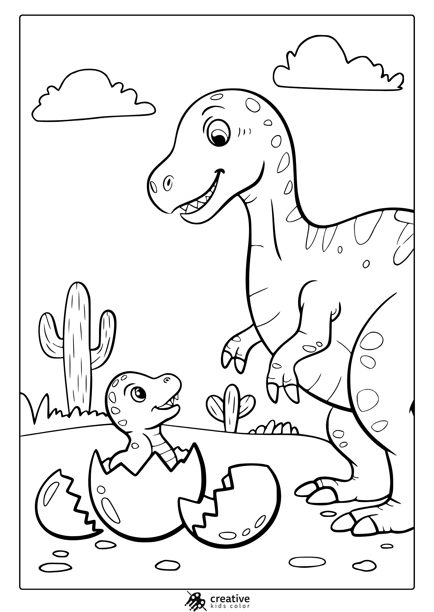 A Baby And Parent T-Rex In A Desert Scene Are Featured In This Heartwarming Dinosaur Coloring Page For Children.