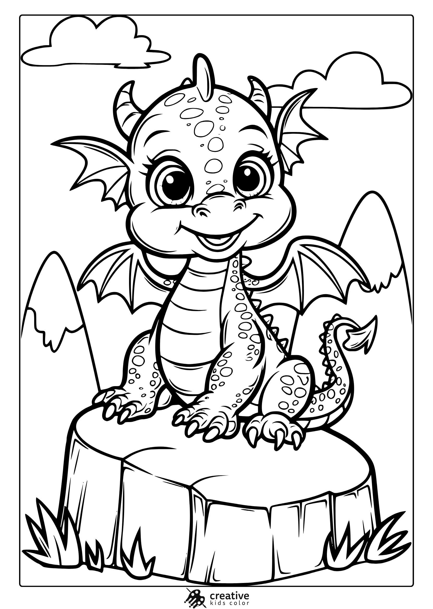 A Baby Dragon Coloring Page Featuring An Adorable Dragon With Small Wings And Big Eyes, Sitting On A Rocky Surface.