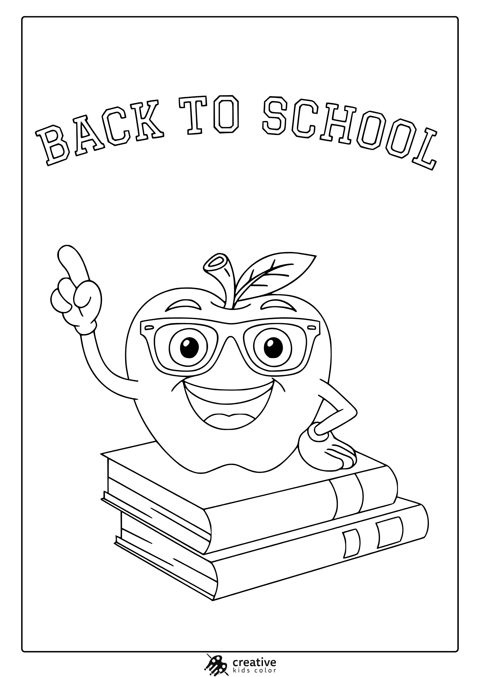 Coloring Page With Smiling Apple In Glasses, Peace Sign, And Books Under “Back To School” Text.