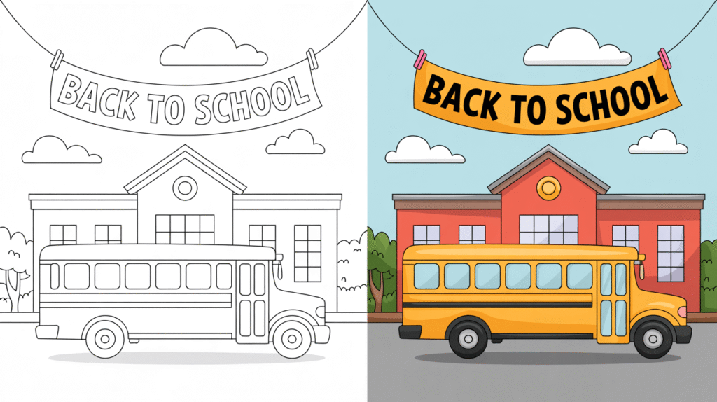 Back To School Coloring Page Cover, Left Side Black And White, Right Side Colored In A Fun, Nature-Filled Scene.